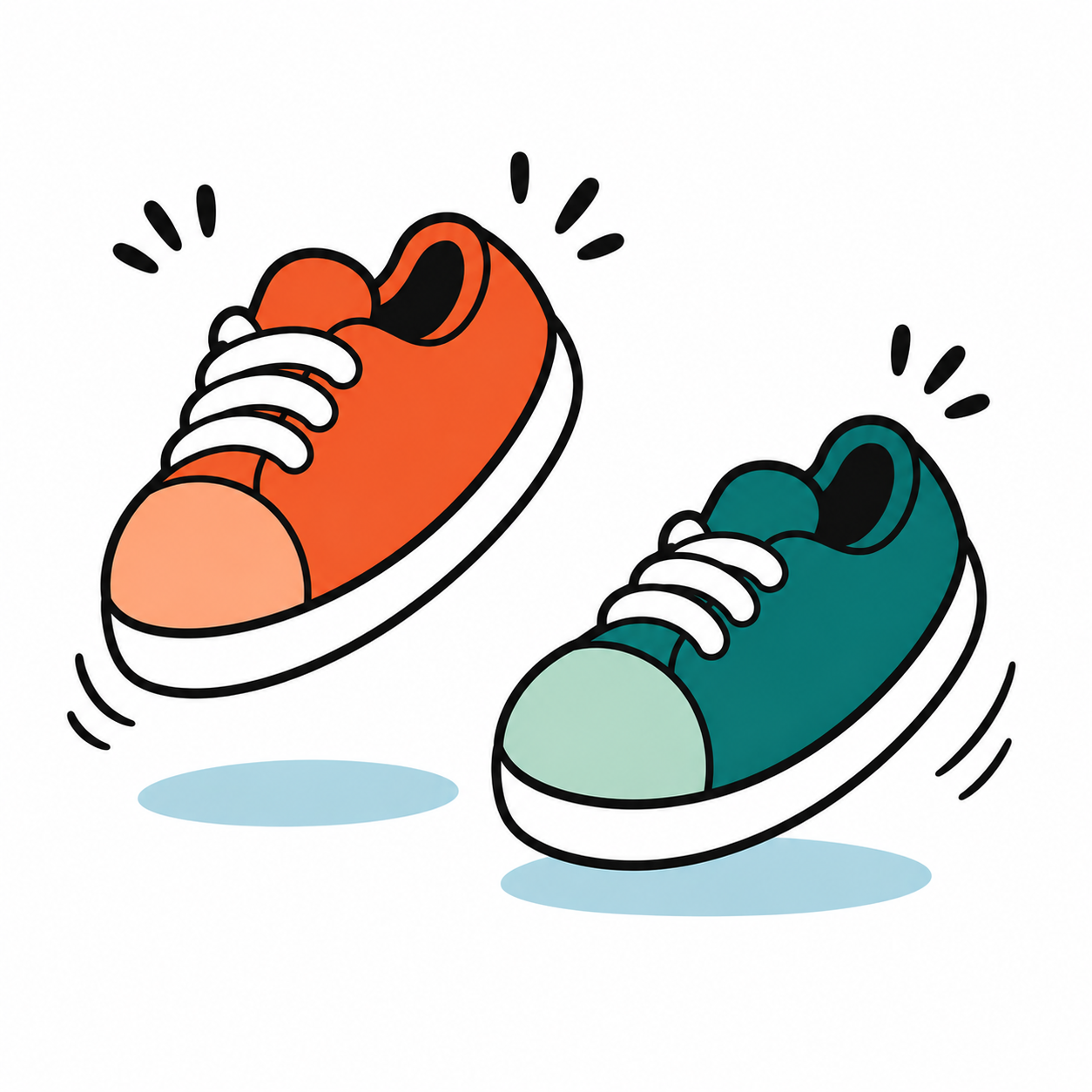 Animated image of two colorful sneakers, one orange and one teal, jumping in the air with motion lines and cast shadows underneath.