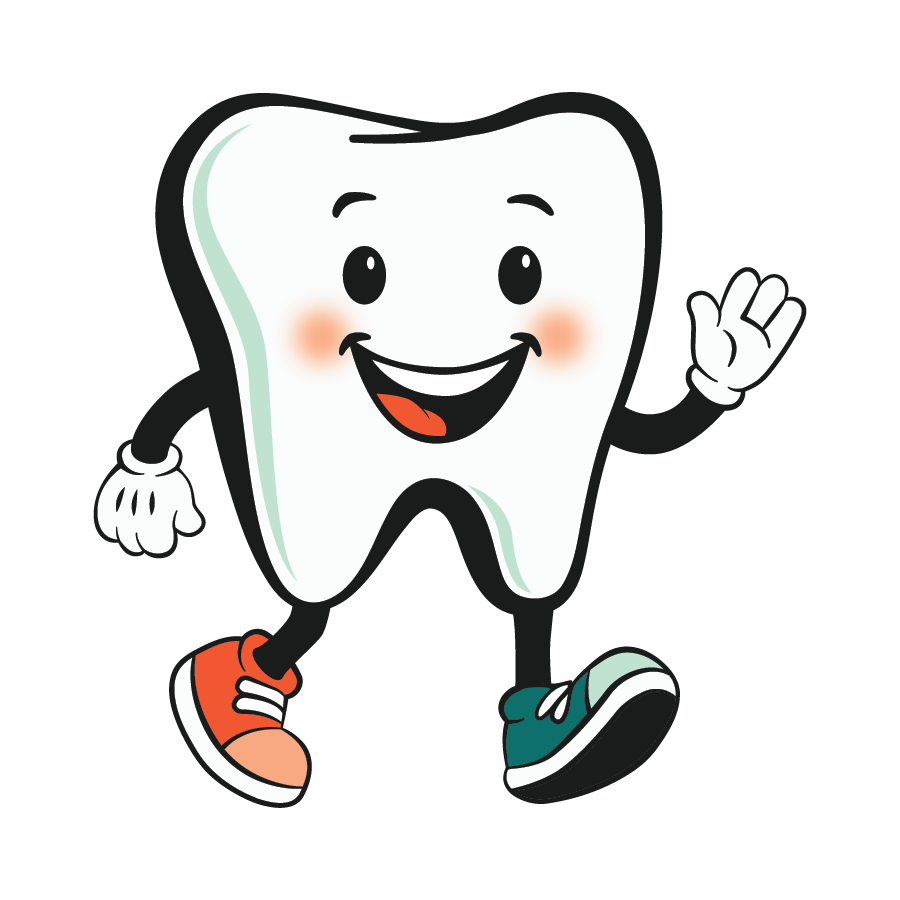 Cartoon tooth character smiling, waving, and walking with sneakers.