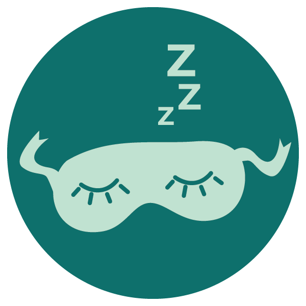 Illustration of a sleep mask with closed eyes and long eyelashes, a sleeping cat shape, and Z's indicating sleep in a circular teal background.