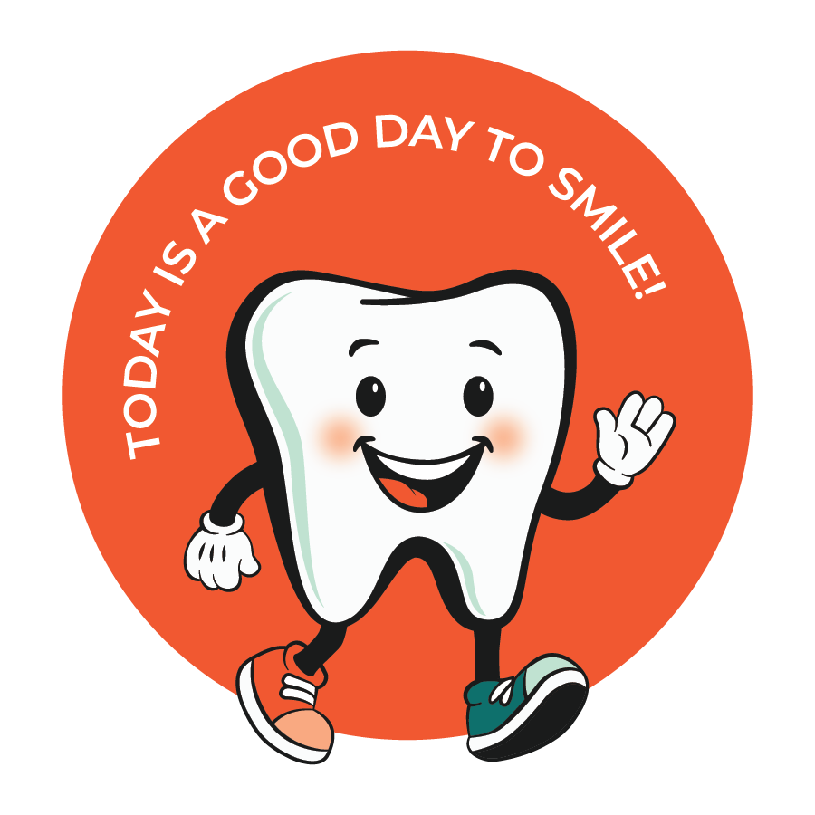 A cheerful cartoon tooth character wearing sneakers and waving, with the text 'Today is a good day to smile!' on a red circular background.