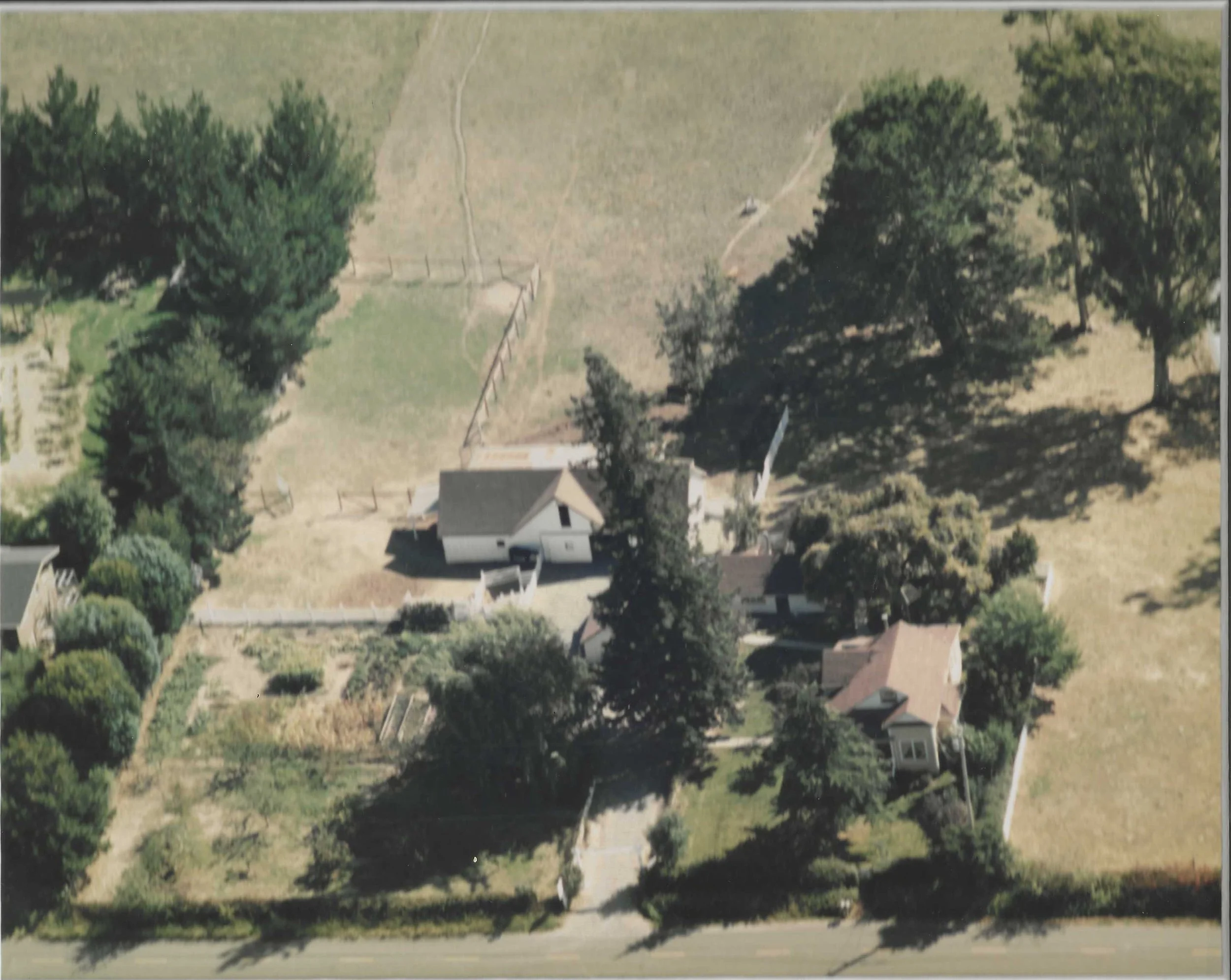 Aerial view of a residential area with trees, houses, and a large open grassy field.