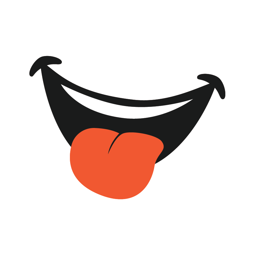 A cartoon face making a silly expression with a large black smiling mouth and a red tongue sticking out.