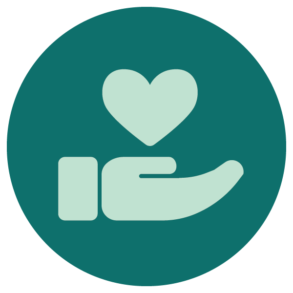 A hand holding a heart symbol inside a teal circular background.