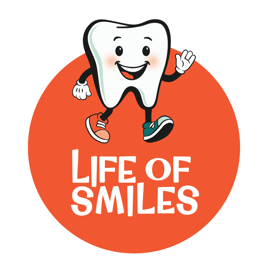A cartoon tooth character with a smiling face, blushing cheeks, and wearing athletic shoes, is standing on an orange circle with the text "LIFE OF SMILES" underneath.