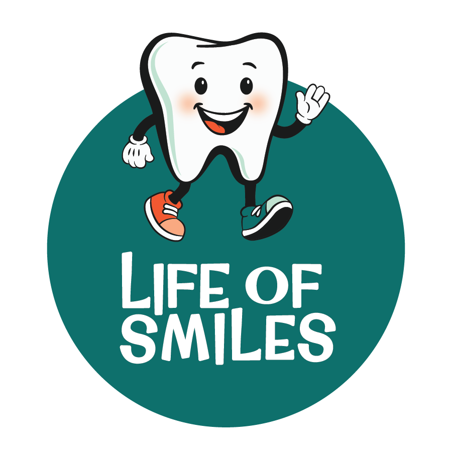 A cartoon anthropomorphic tooth character smiling and waving, wearing sneakers, on a teal circular background with the words 'Life of Smiles'.