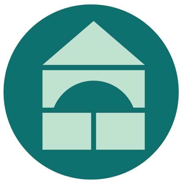 Icon of a schoolhouse with a triangular roof, a door, and two windows, inside a teal circle.