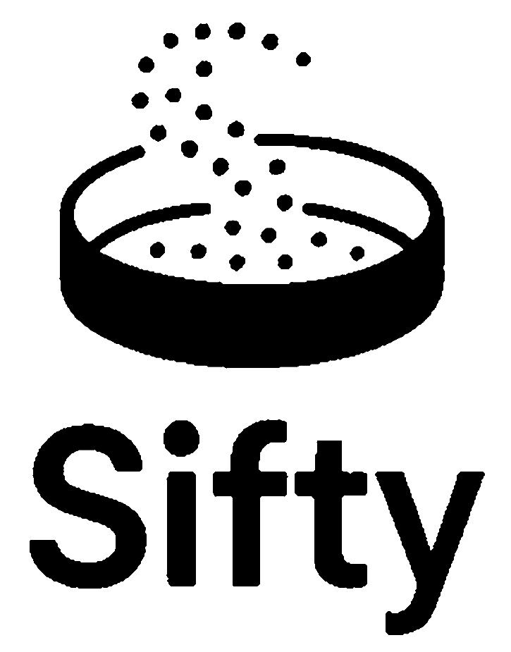Logo with the 'Sifty' wordmark below a sifting pan with grains rising from it loosely in the shape of an 'S'.