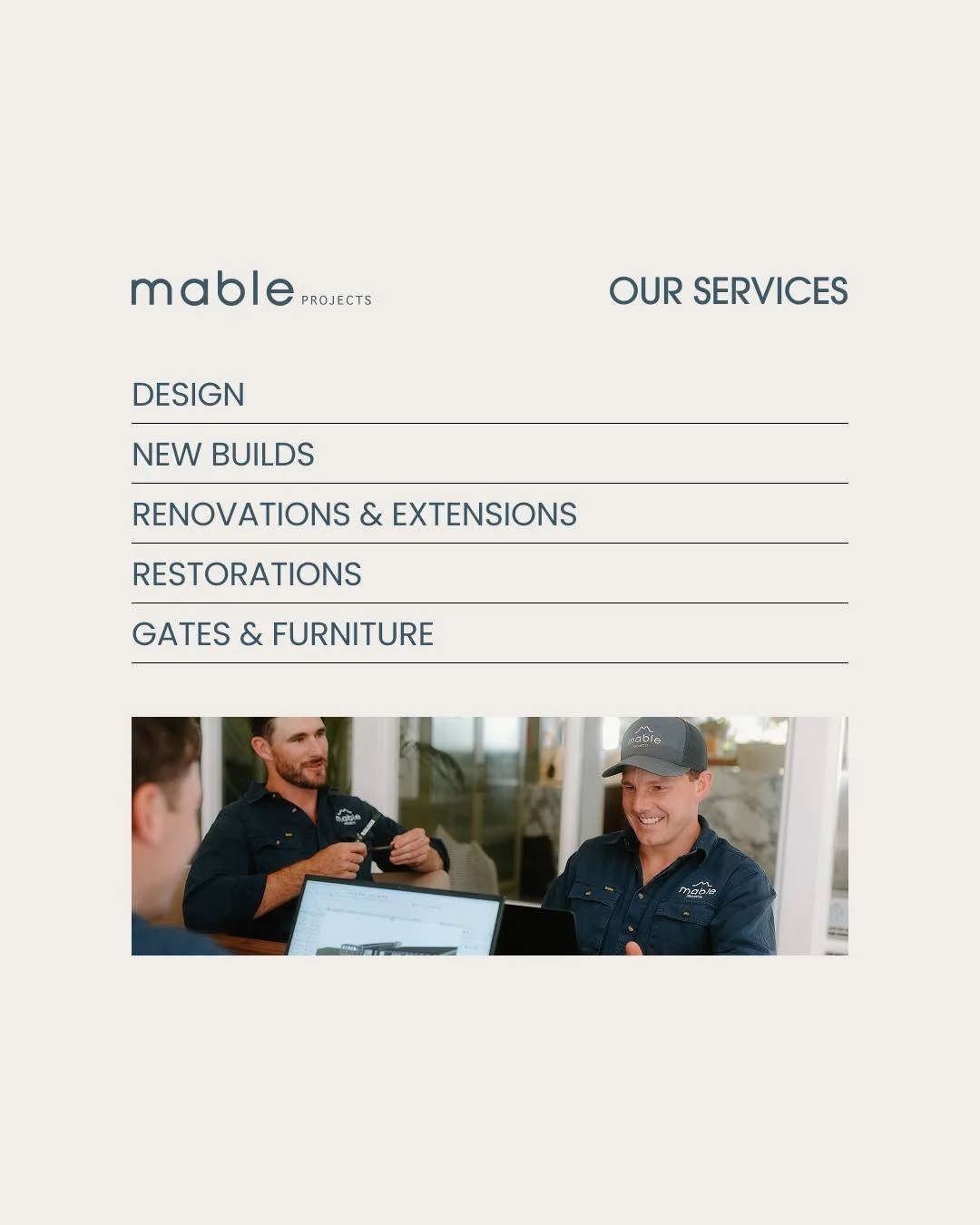 Our services include design, new builds, renovations and extensions, heritage restorations, and custom gates and furniture.

Get in touch today to start your journey with Mable Projects.