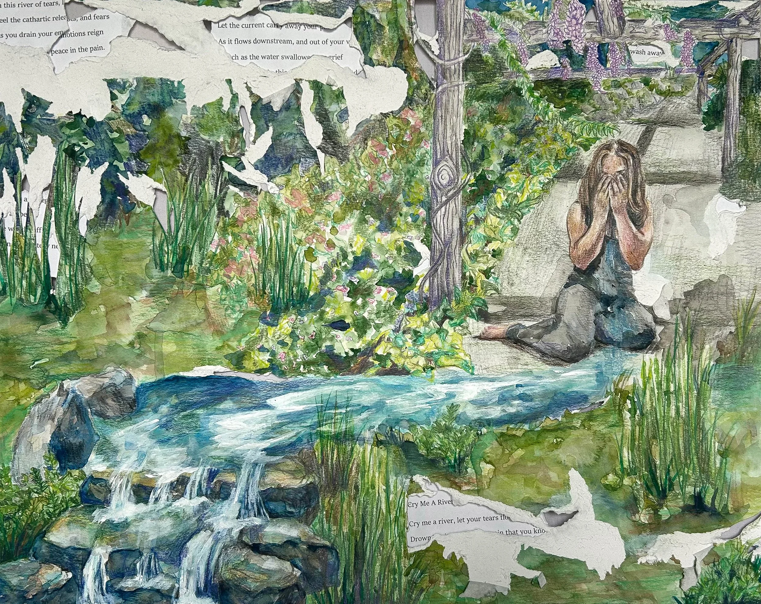 Cry Me a River of Tears, Watercolor and Colored Pencil on Paper, 18" x 22", 2024