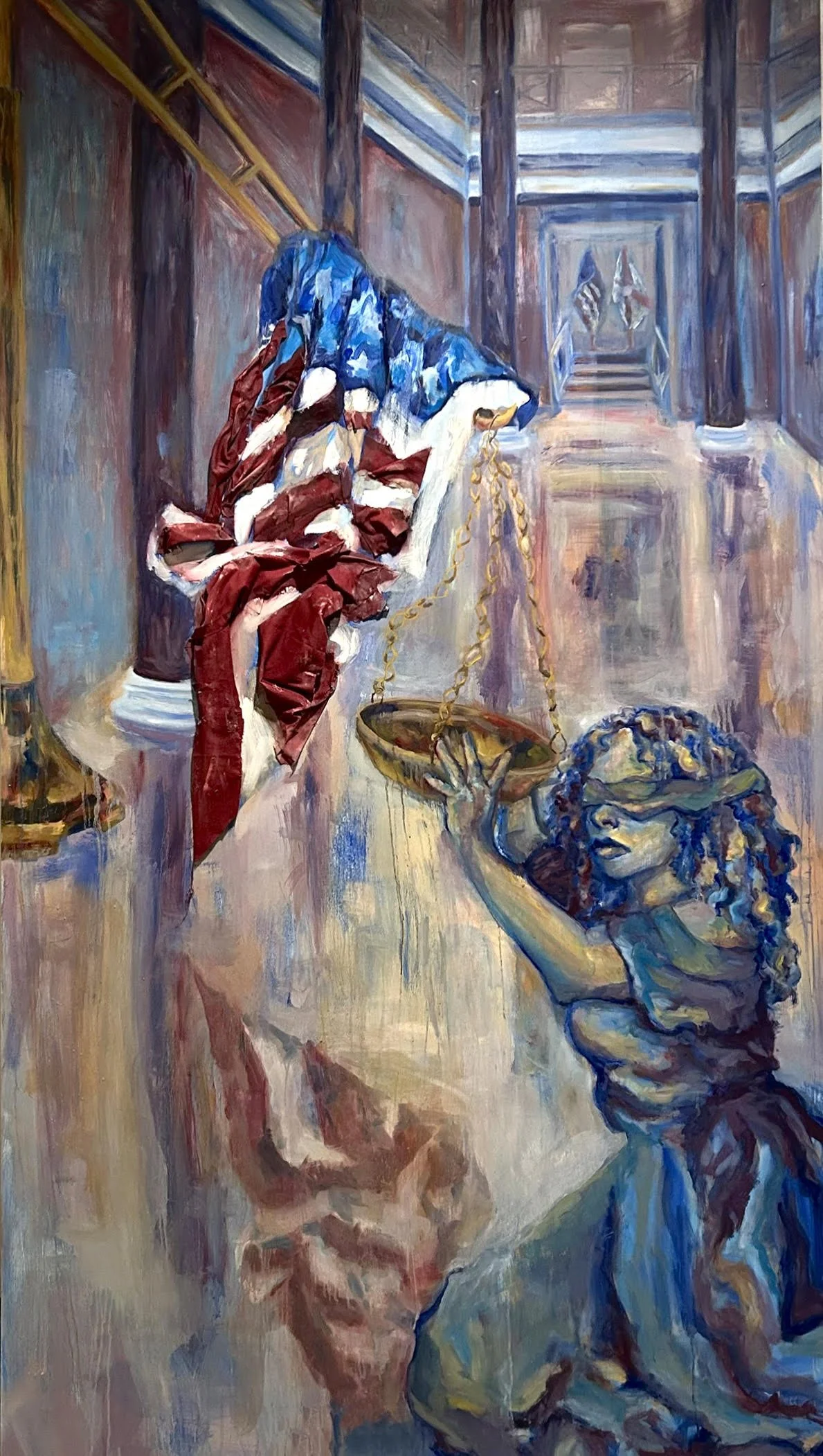 The Weight of America, Oil and Fabric on MDF, 6 ft x 3.7 ft, 2024