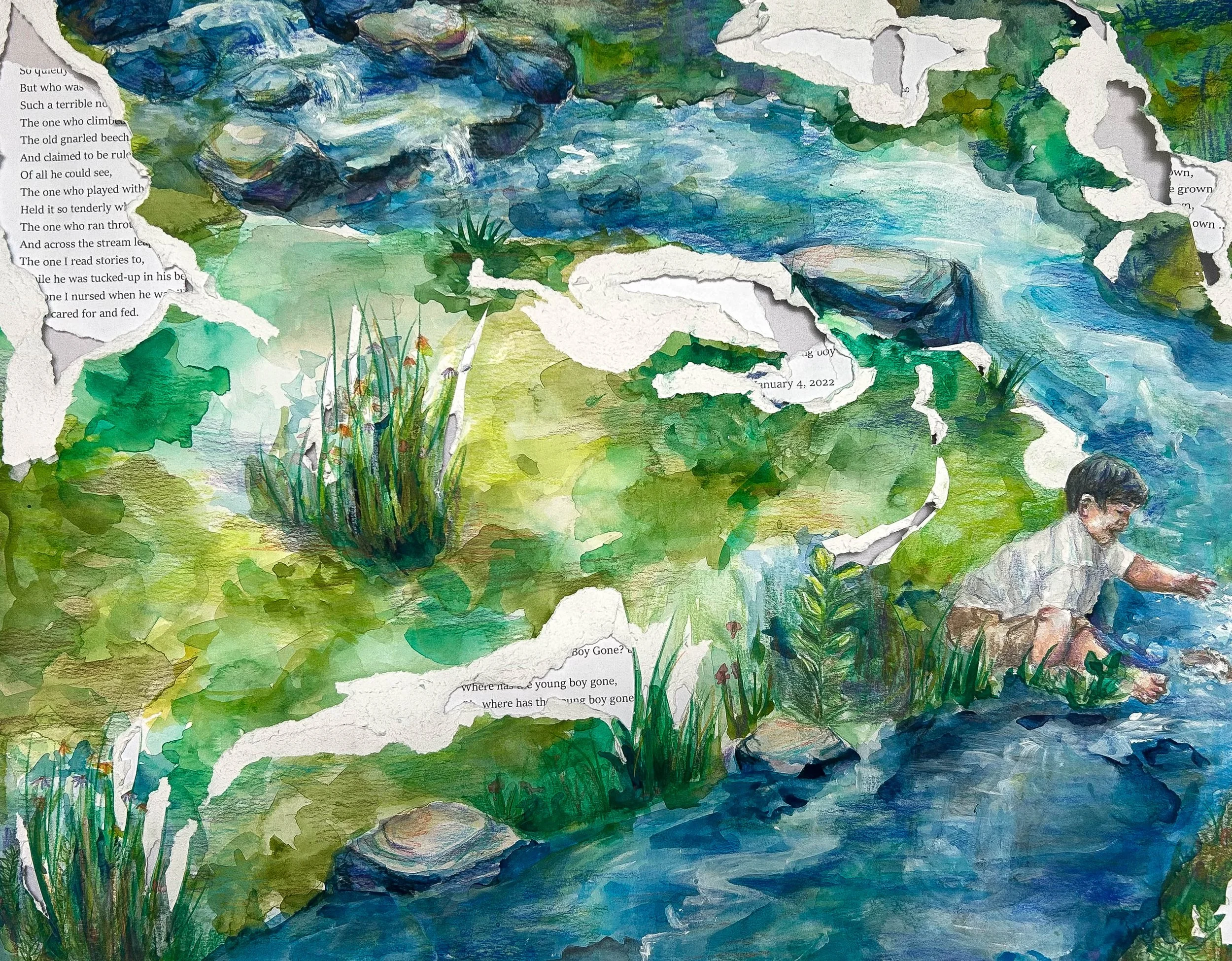 The River Flows like a Stream of Glass, Watercolor and Colored Pencil on Paper, 18" x 22", 2024