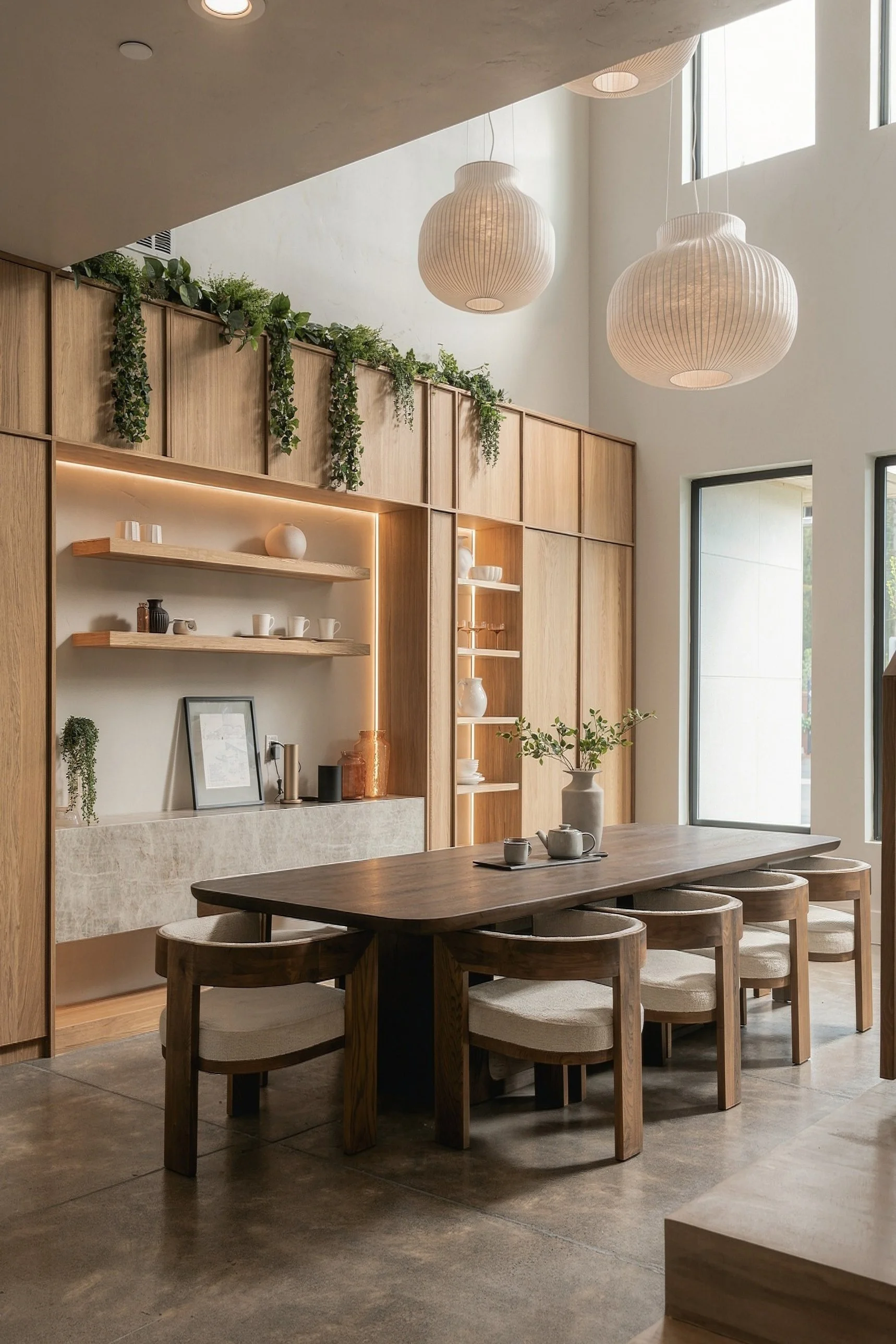 Dining table beneath paper lanterns, with lit oak shelving and trailing plants