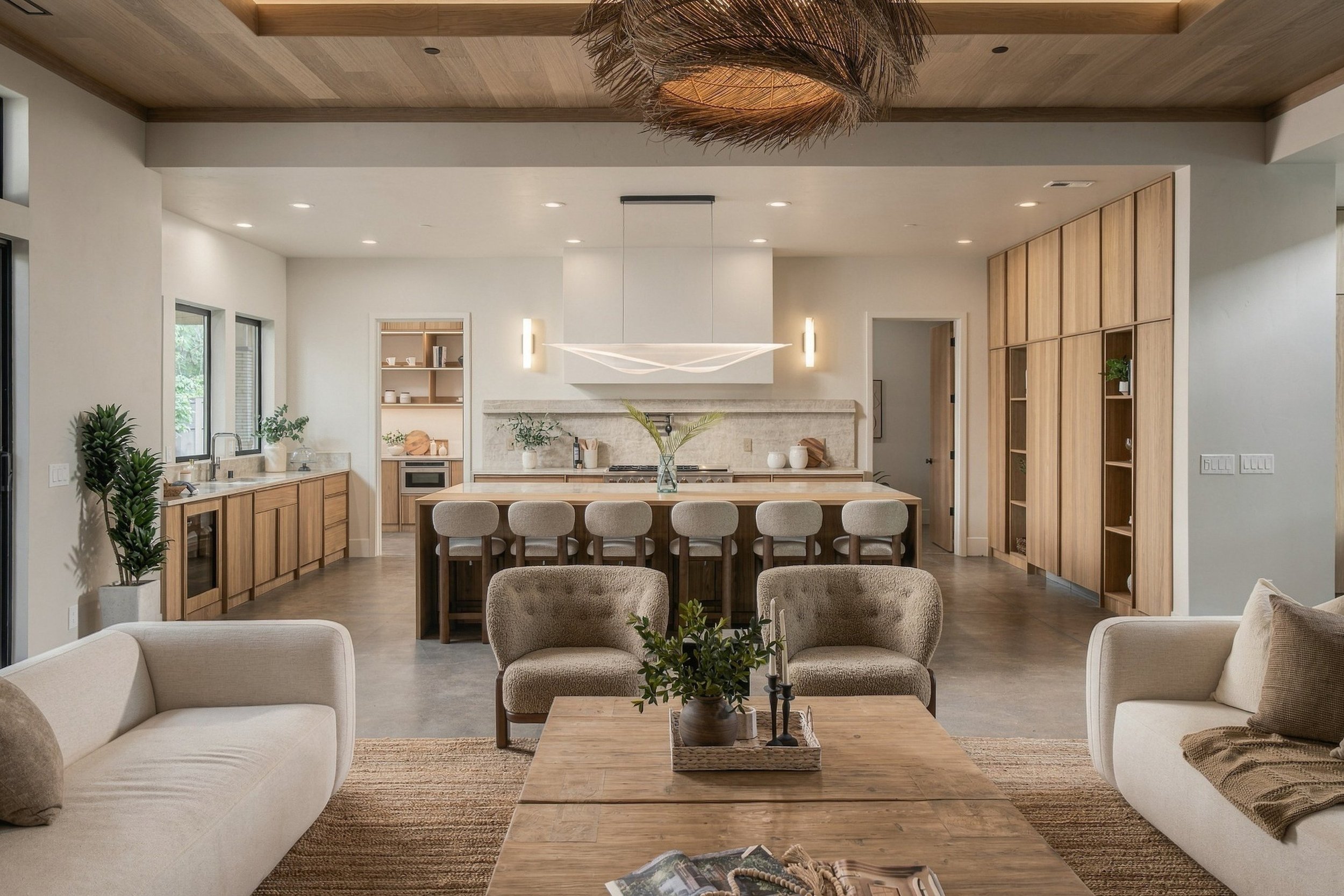 Living room of The Sanctuary, open to the kitchen beneath a timber ceiling