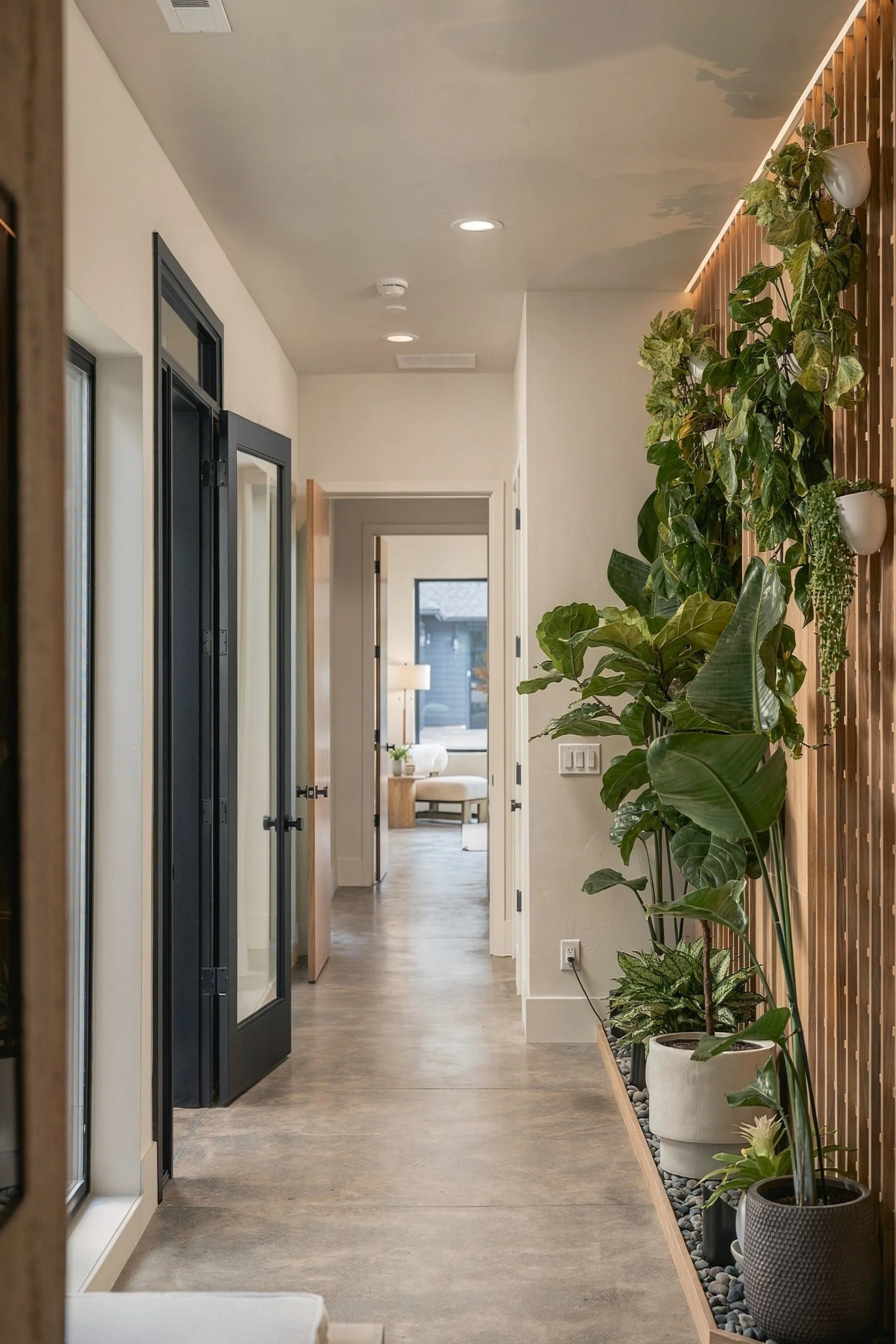 Hallway lined with a slatted oak wall and a planted bed
