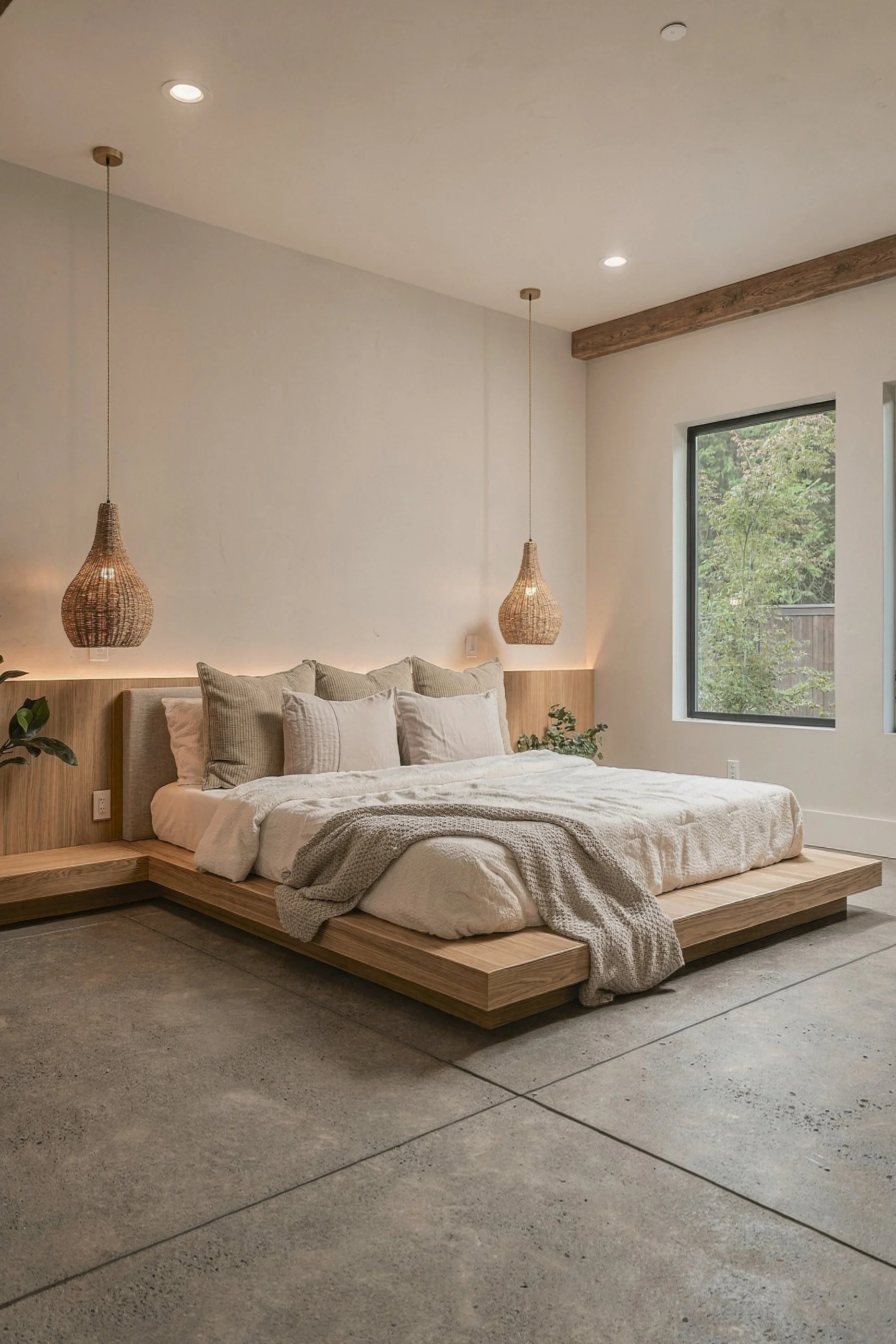 Primary bedroom with a low oak platform bed and woven pendants