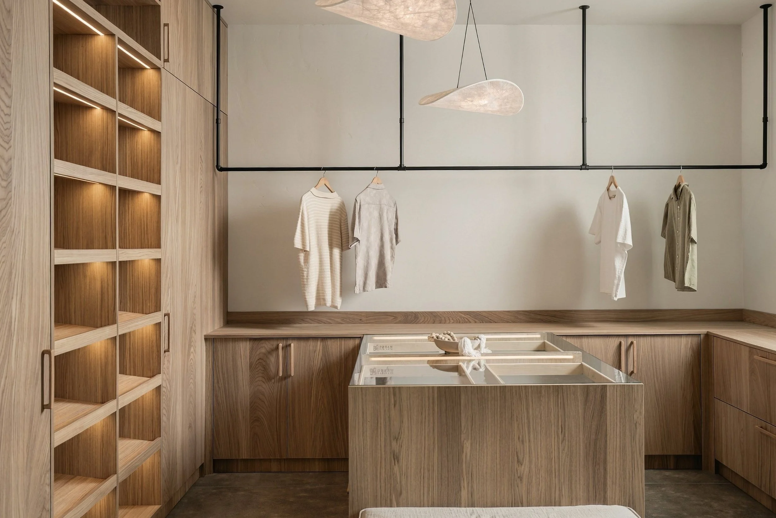Dressing room with lit oak shelving and a glass-topped island