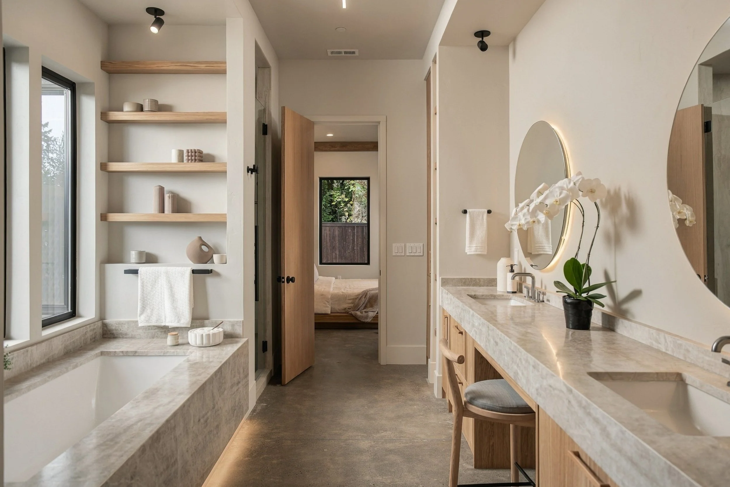 Primary bathroom with a stone-wrapped tub and backlit round mirrors