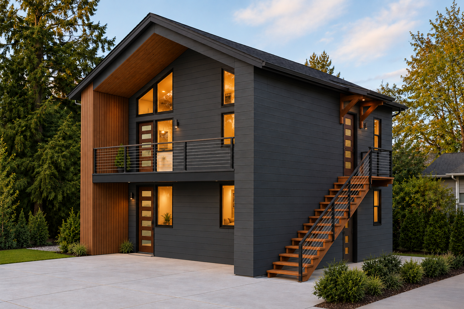 Two-story ADU in charcoal lap siding with a wood-clad corner, a balcony and an exterior wood stair up the side