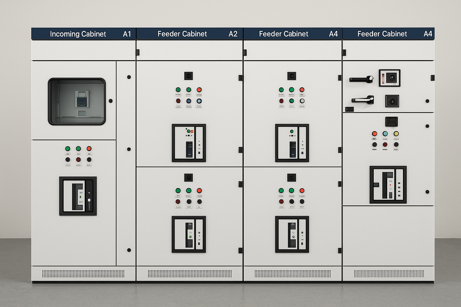 A modern LV/MV switchgear lineup featuring incoming and feeder cabinets, modular breaker units, and a clean enclosure design. Ideal for reliable power distribution, system upgrades, and OEM-compatible switchgear solutions.