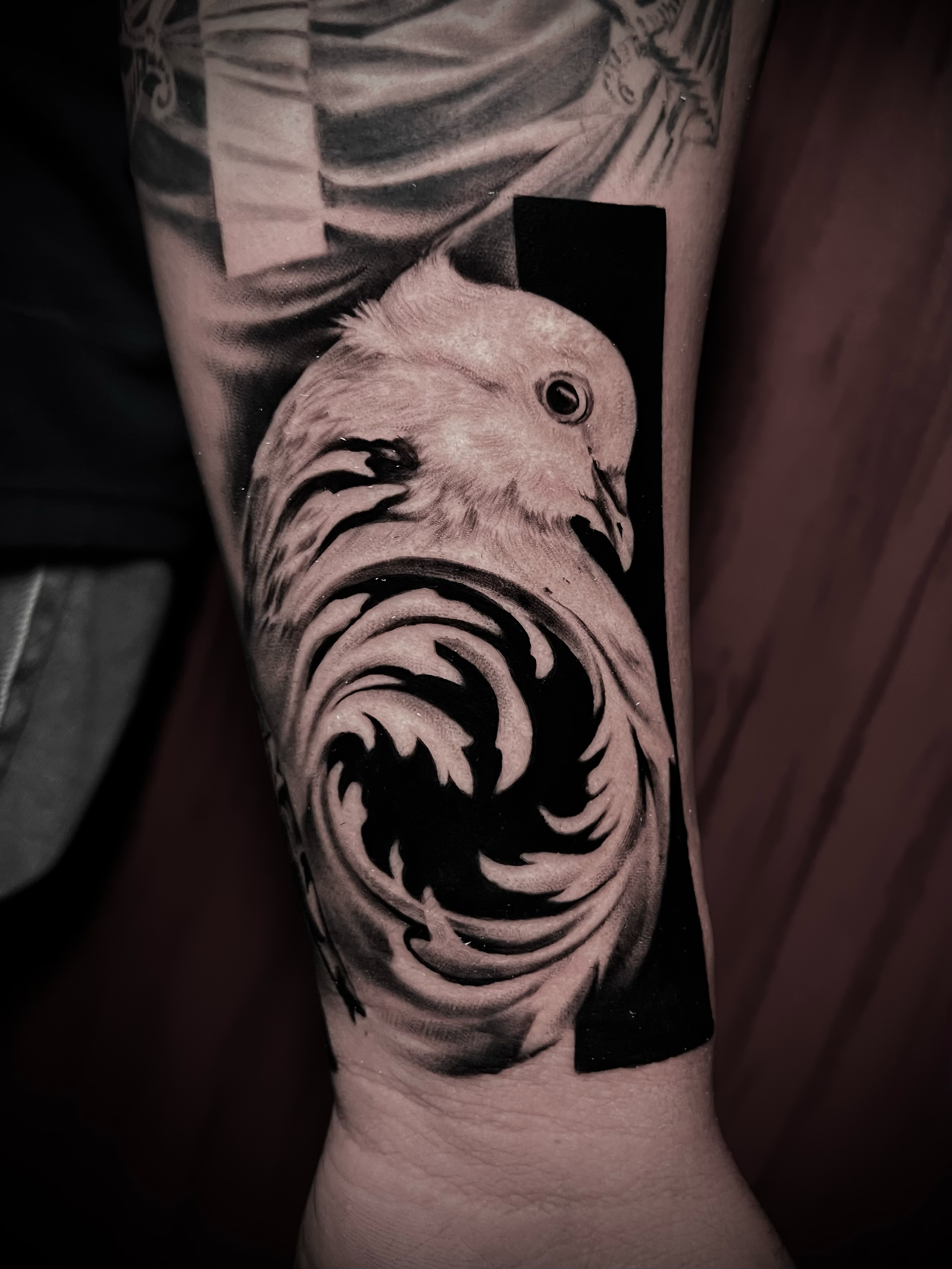 Innovative realistic black and grey tattoo dove with architectural filigree design integration In Los Angeles Area, at Outer Limits tattoo shop. by Jhon Gutti