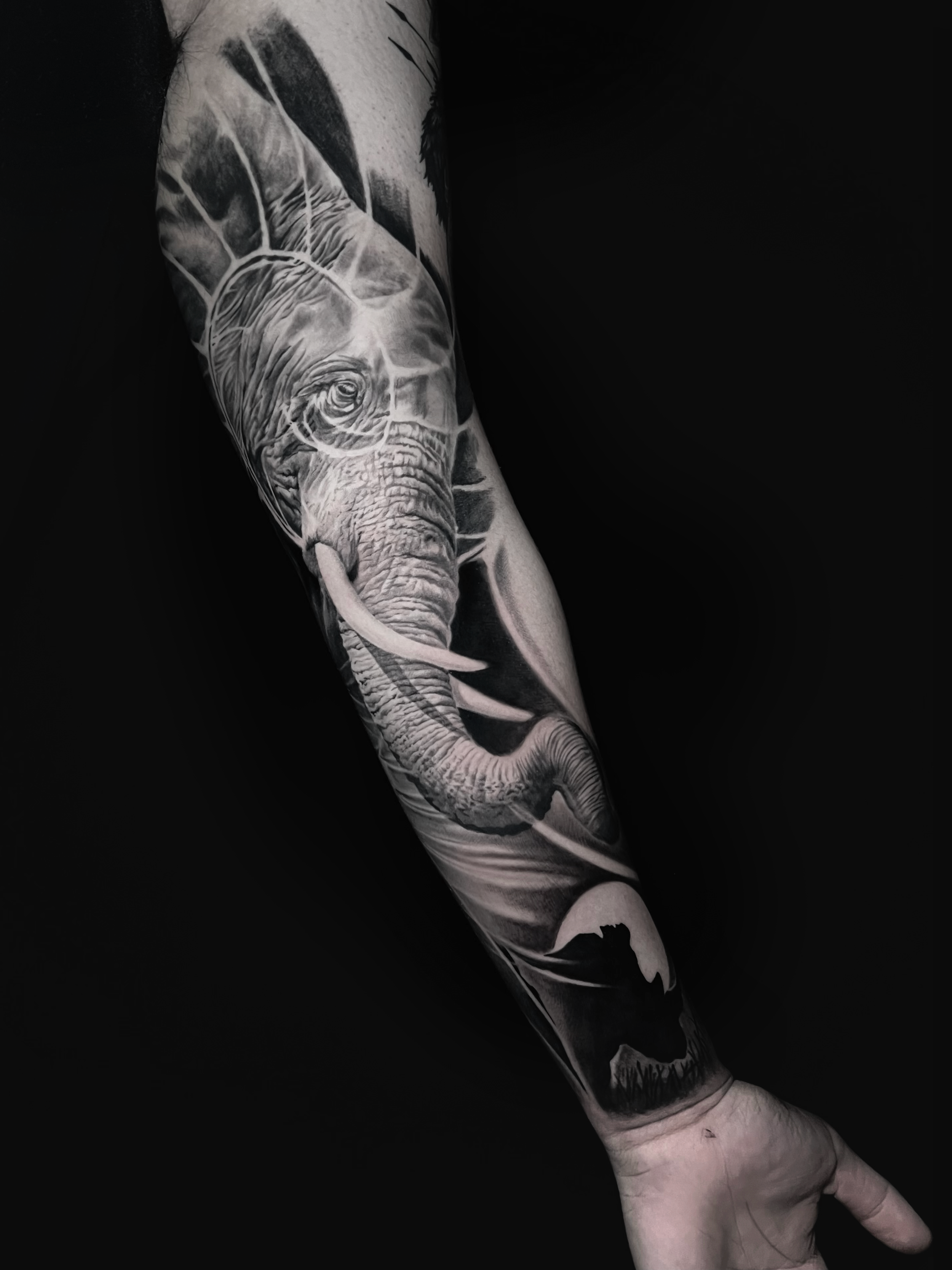 Innovative realistic black and grey tattoo Elephant with graphic design integration In Los Angeles Area, at Outer Limits tattoo shop. by Jhon Gutti