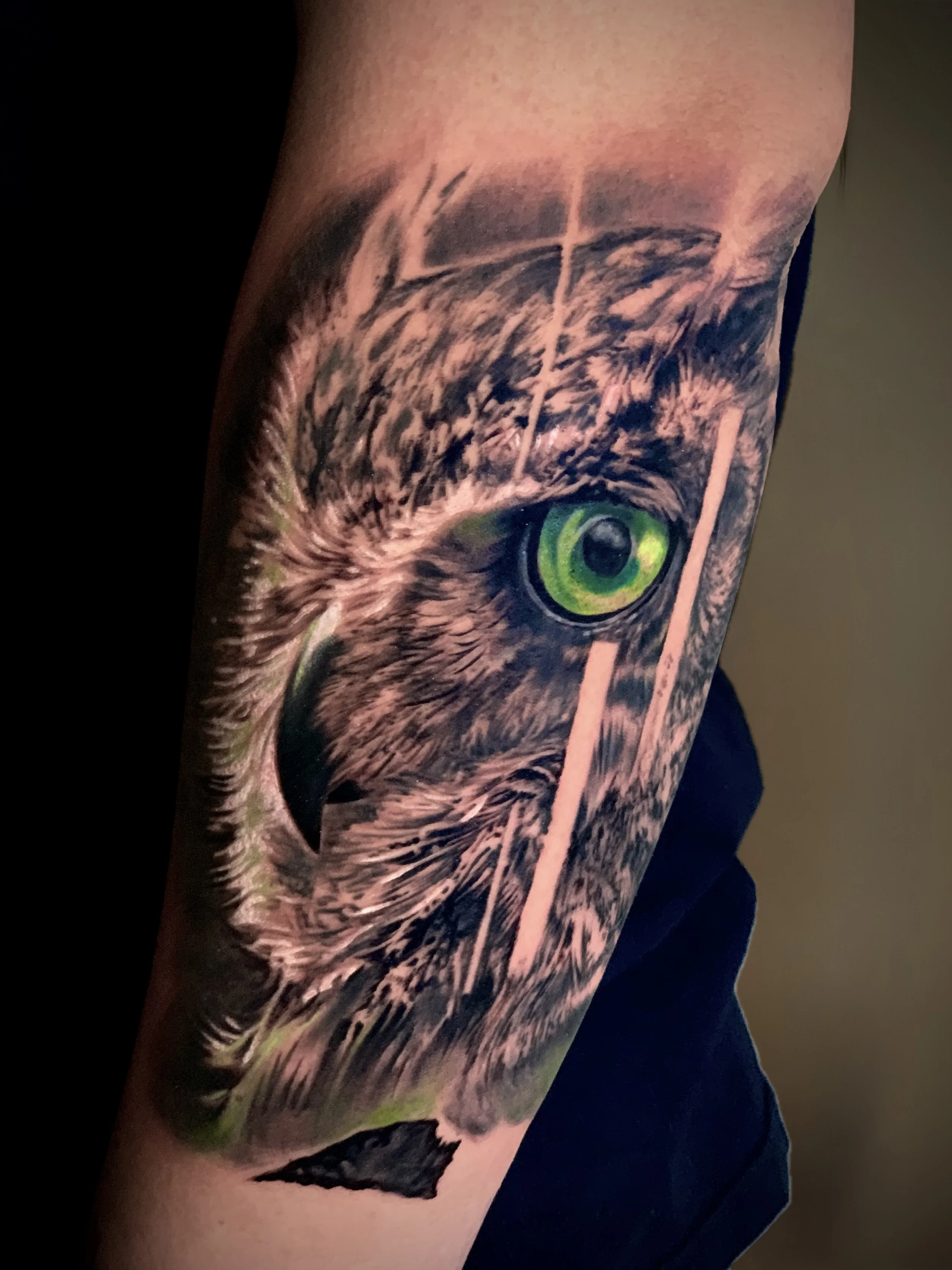 Innovative realistic black and grey tattoo Owl with graphic design integration In Los Angeles Area, at Outer Limits tattoo shop. by Jhon Gutti
