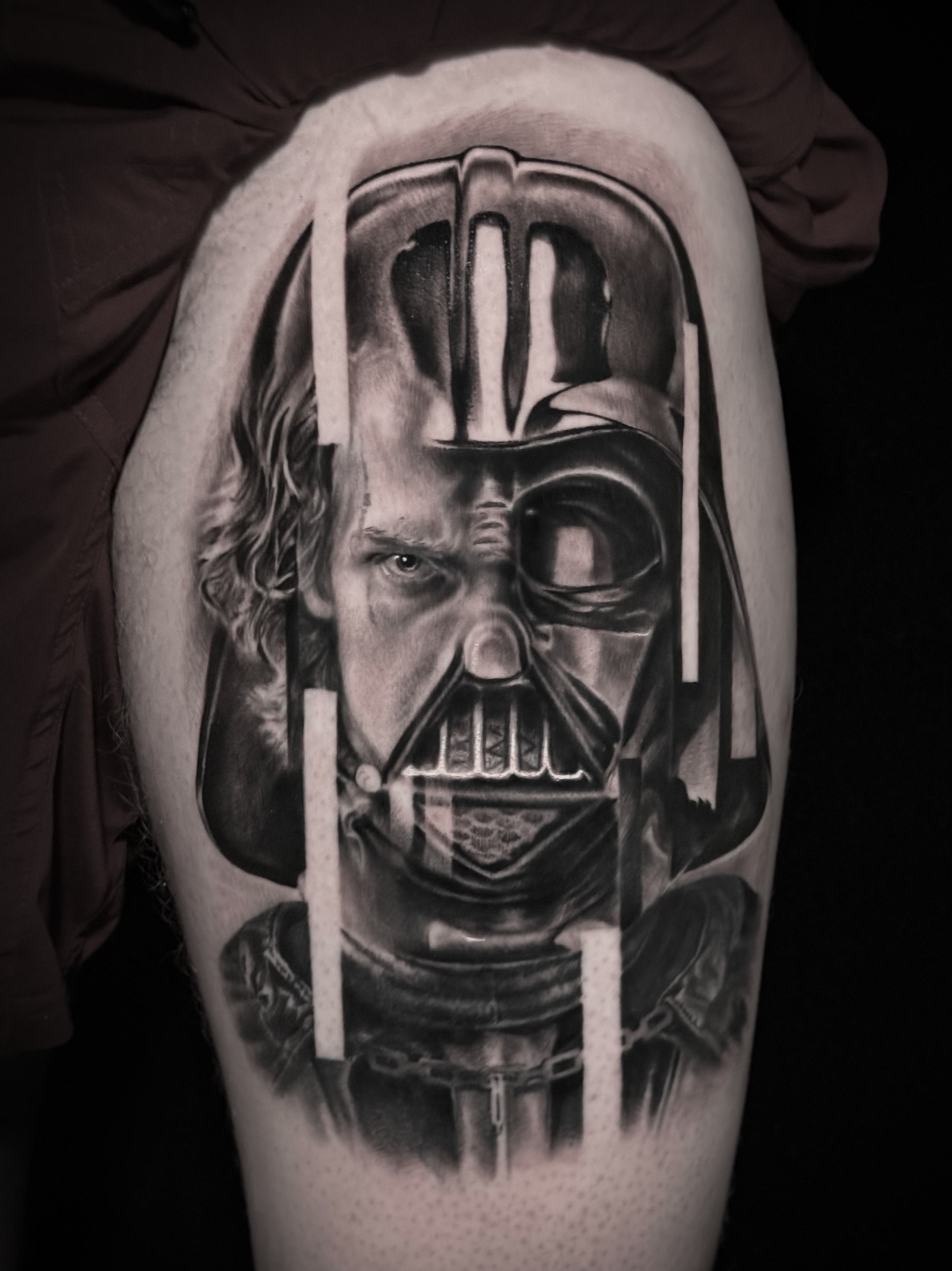Star Wars Innovative realistic black and grey tattoo portrait Darth Vader, Anakin Skywalker with graphic design integration In Los Angeles Area, at Outer Limits tattoo shop. by Jhon Gutti