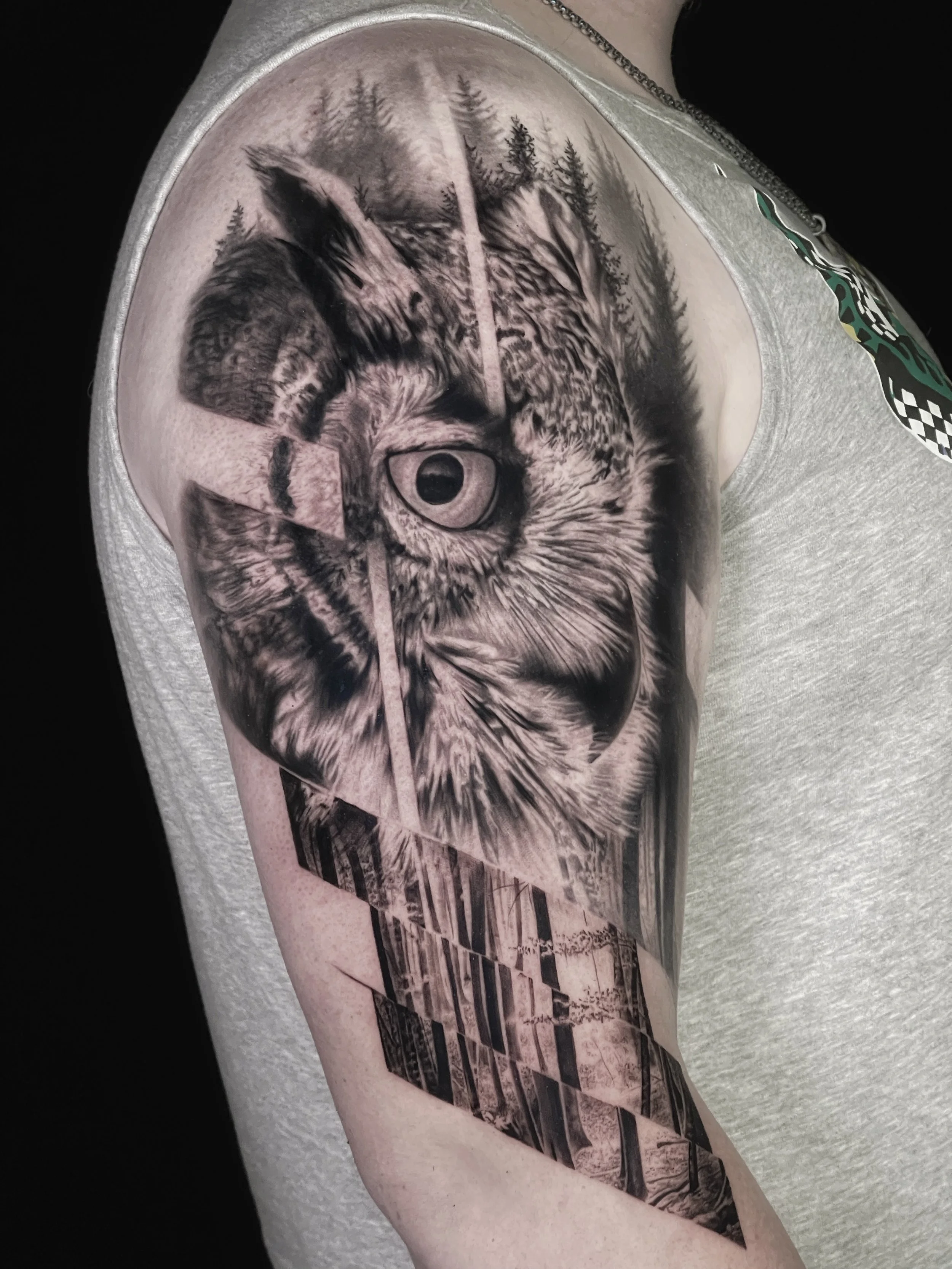 Innovative Realistic black and grey OWL tattoo with forest and graphic design and patterns, In Los Angeles Area, at Outer Limits tattoo shop. by Jhon Gutti