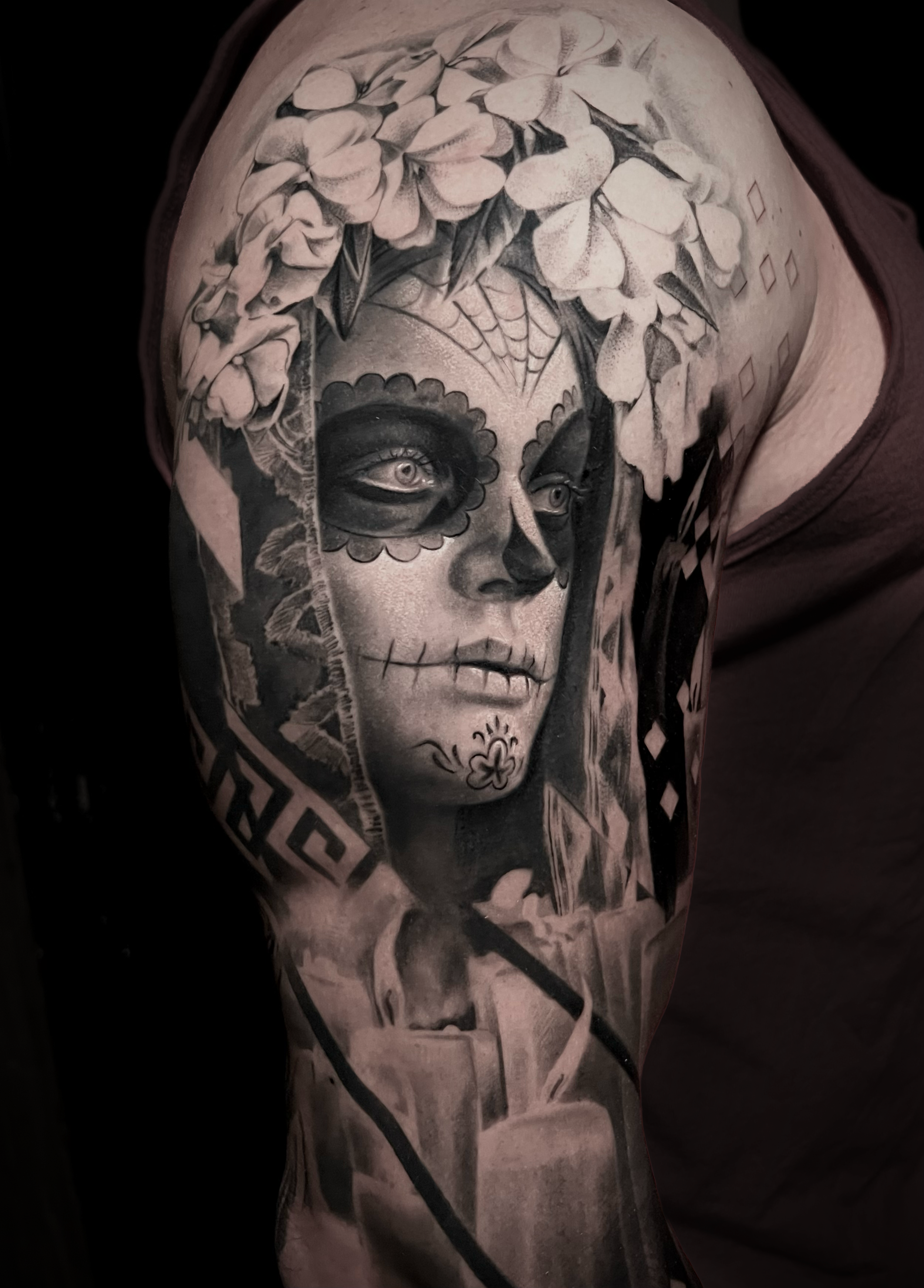 Innovative realistic black and grey tattoo Catrina, day of the dead girl with flowers  graphic design integration In Los Angeles Area, at Outer Limits tattoo shop. by Jhon Gutti
