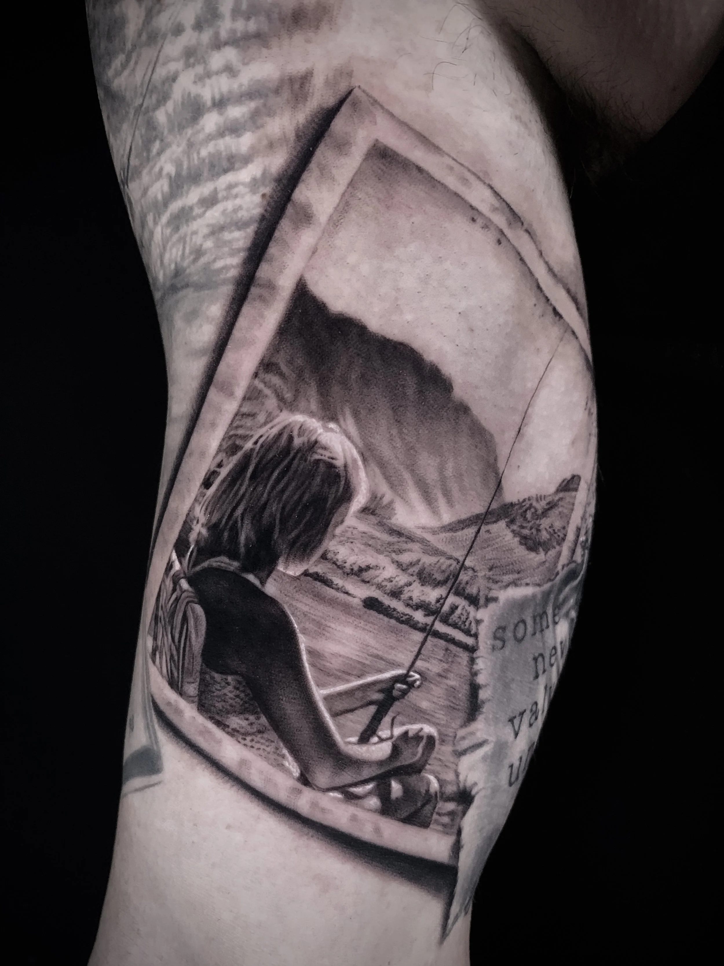Innovative realistic black and grey portrait tattoo, childhood memories idea with graphic design integration In Los Angeles Area, at Outer Limits tattoo shop. by Jhon Gutti