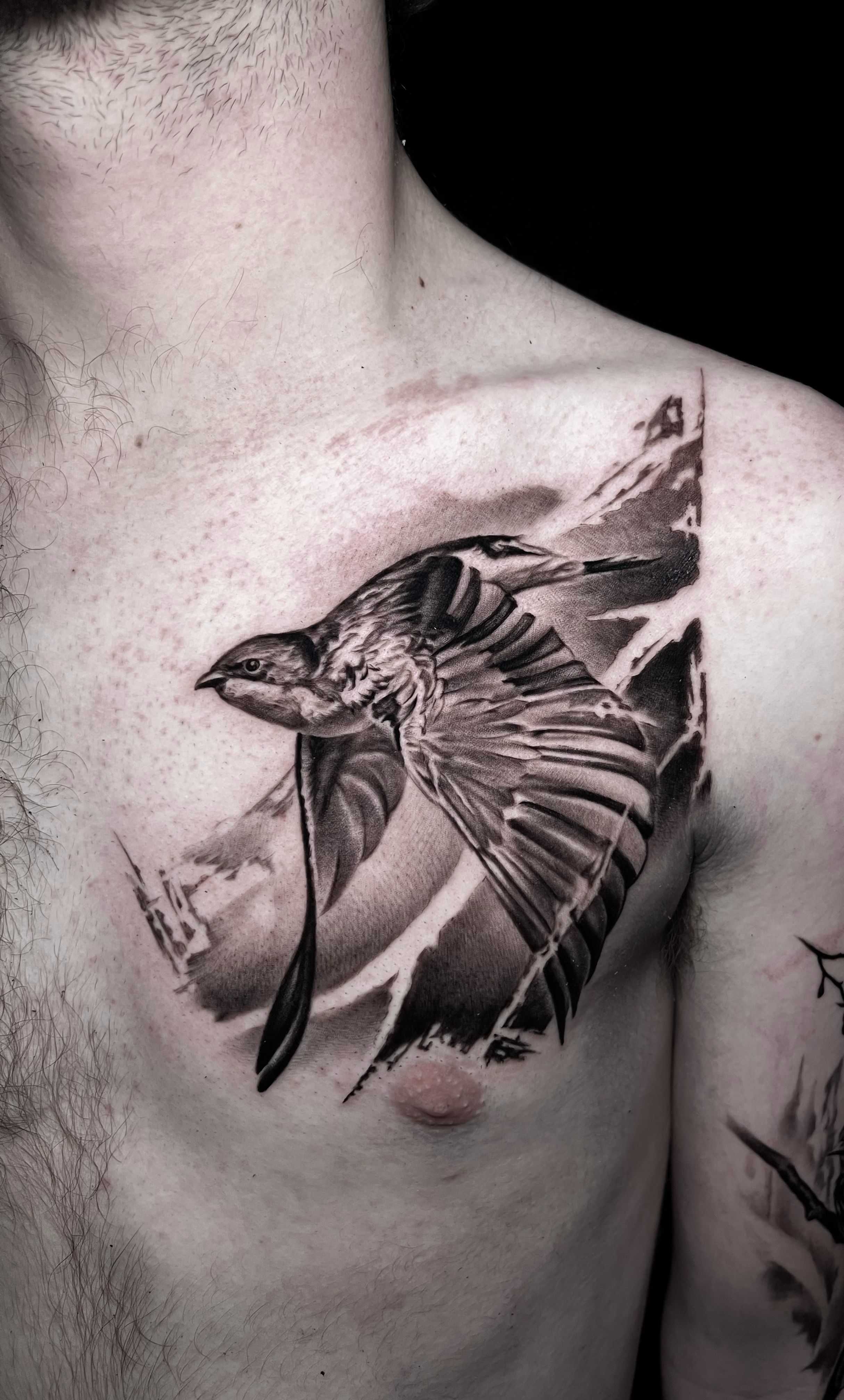 Innovative realistic black and grey tattoo sparrow, swallow bird with graphic design integration In Los Angeles Area, at Outer Limits tattoo shop. by Jhon Gutti