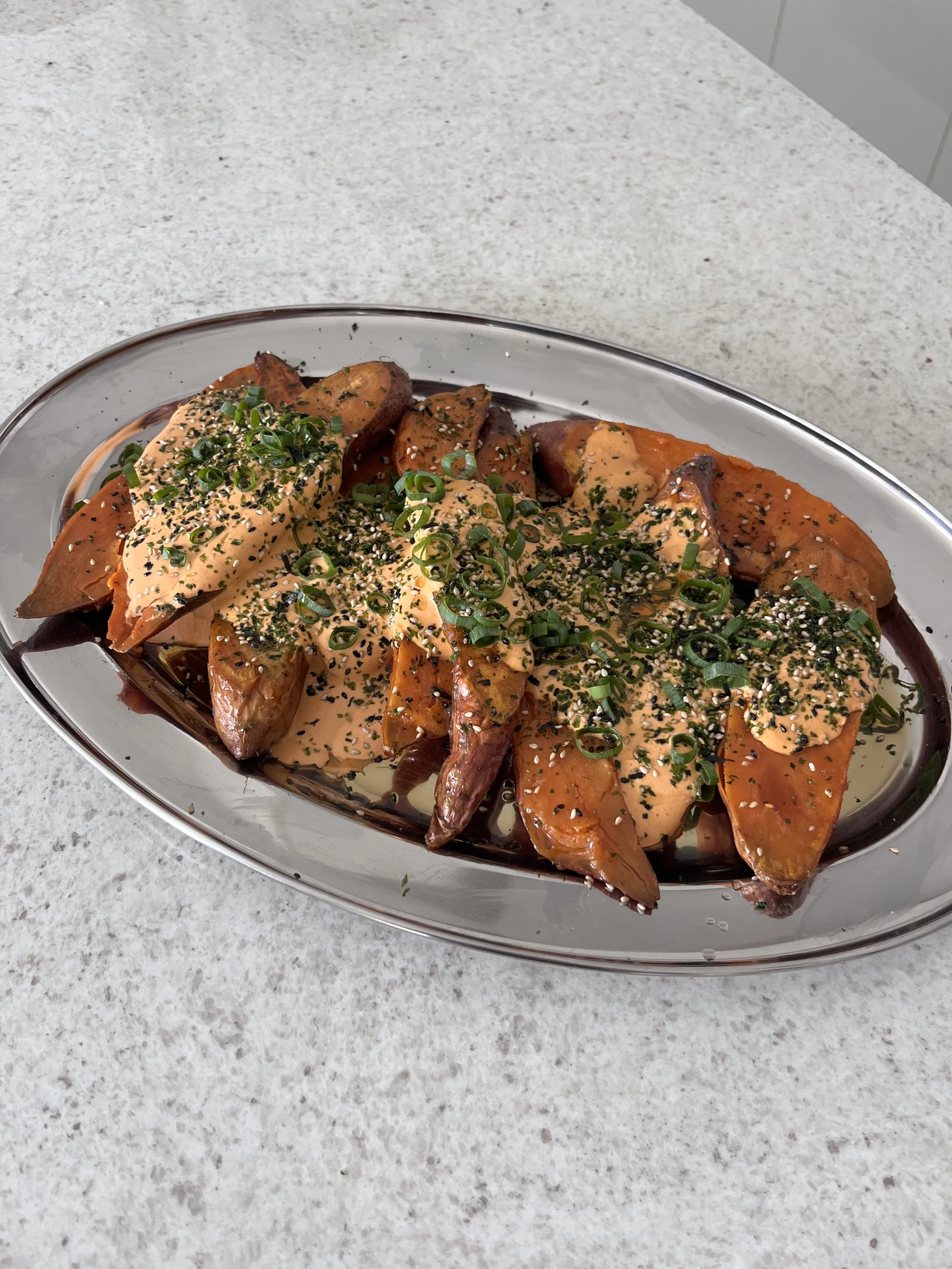 roast sweet potato halves with gochujang cream &amp; furikake