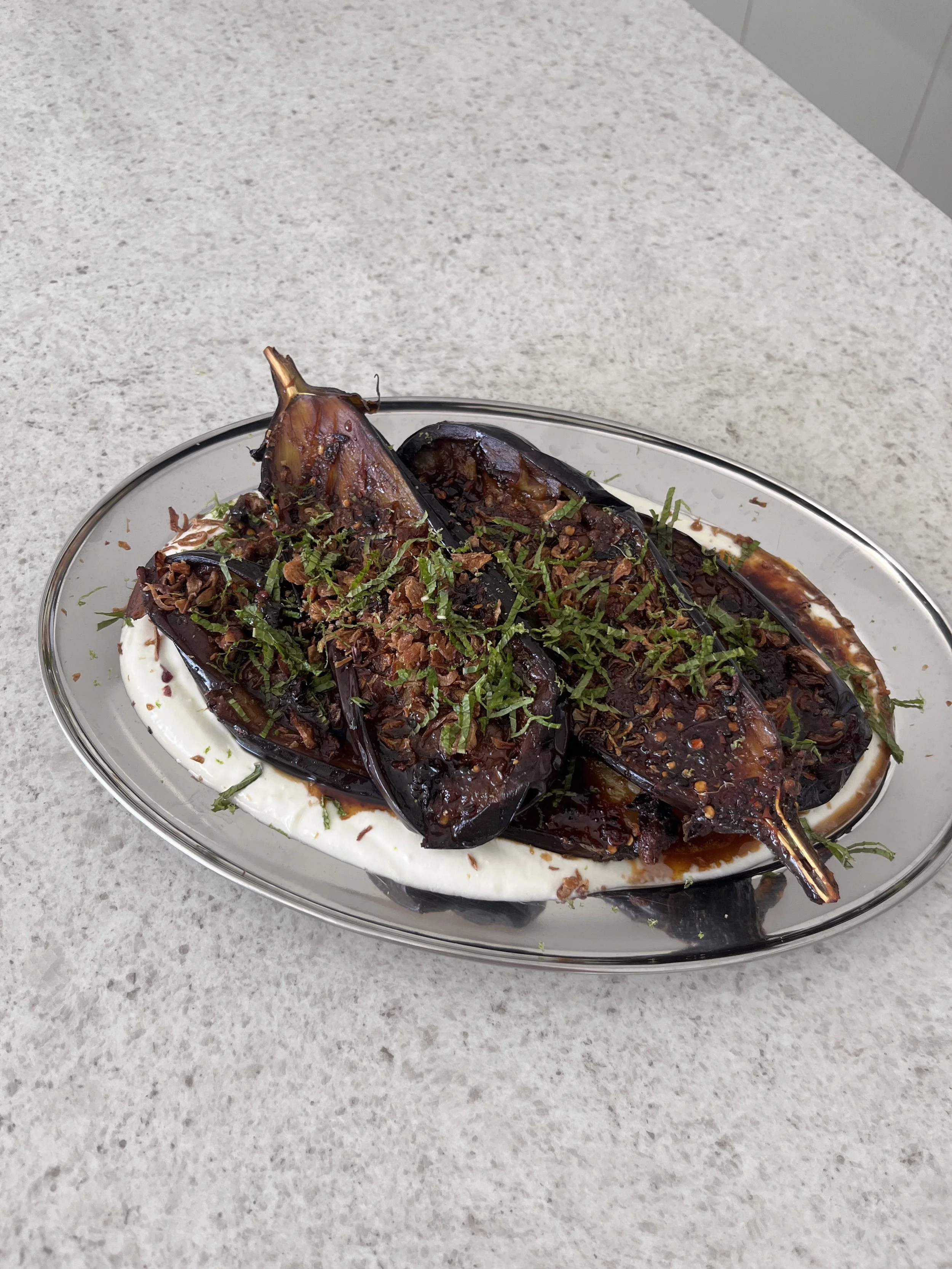 sweet spicy soy eggplant with zingy lime yoghurt