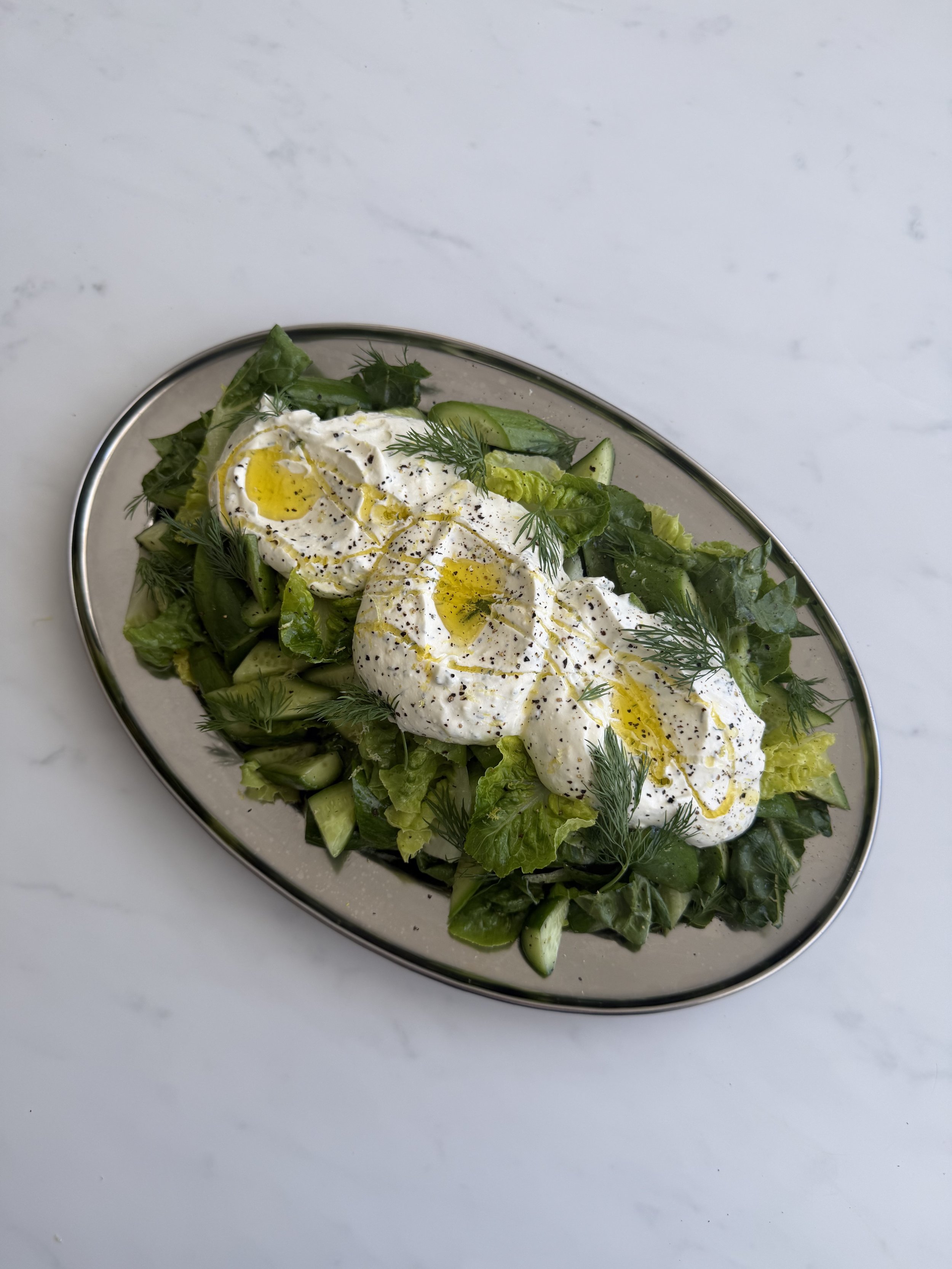 cos and mini cucumber with creamy dill dressing