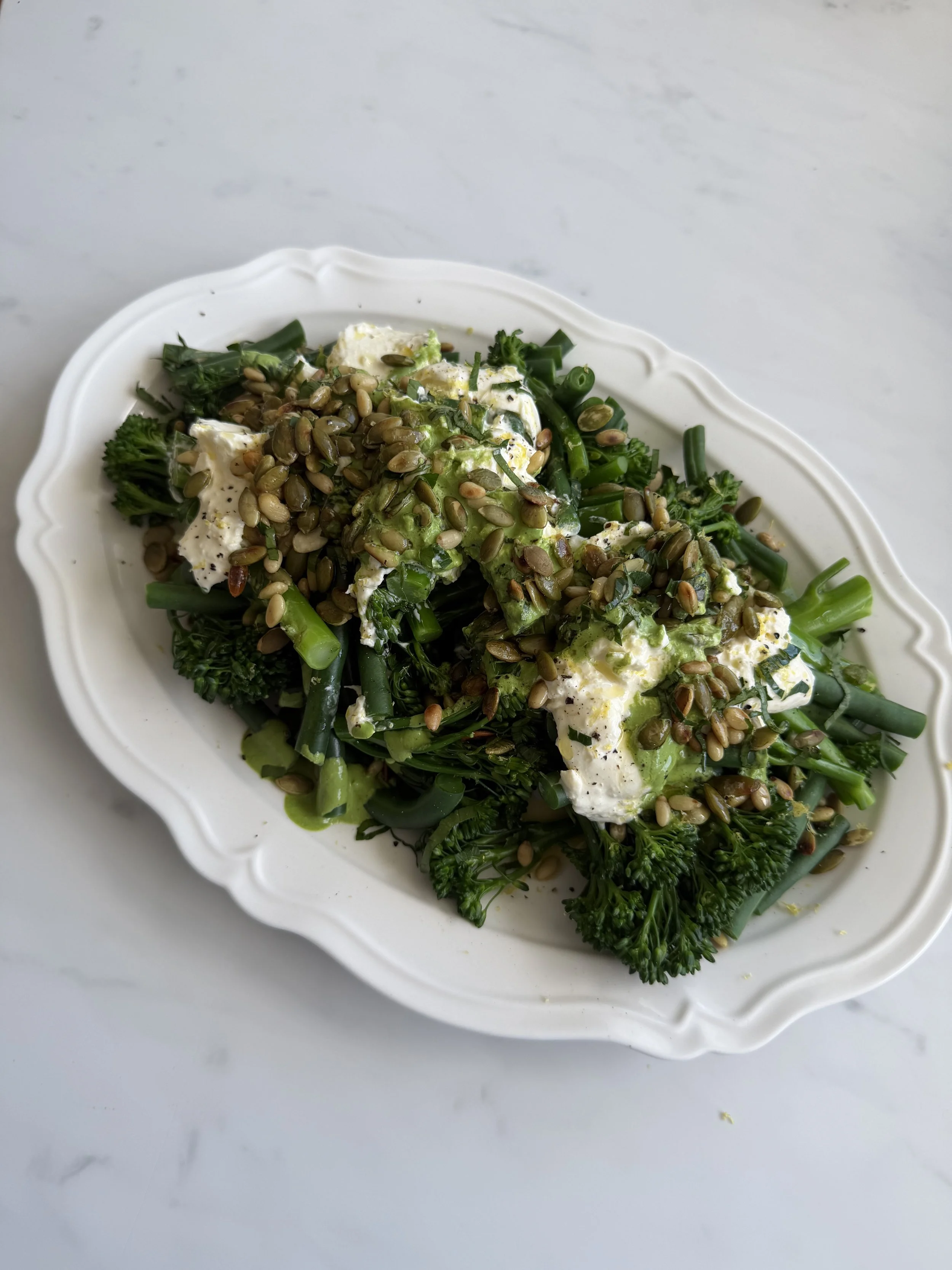 broccolini and beans with burrata and green sauce