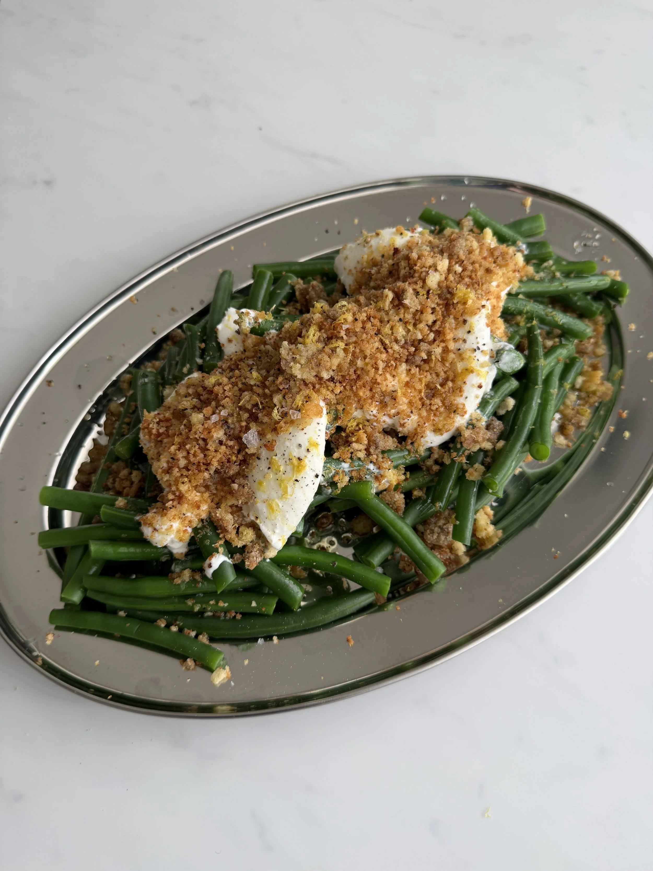 green beans with burrata &amp; anchovy crumb