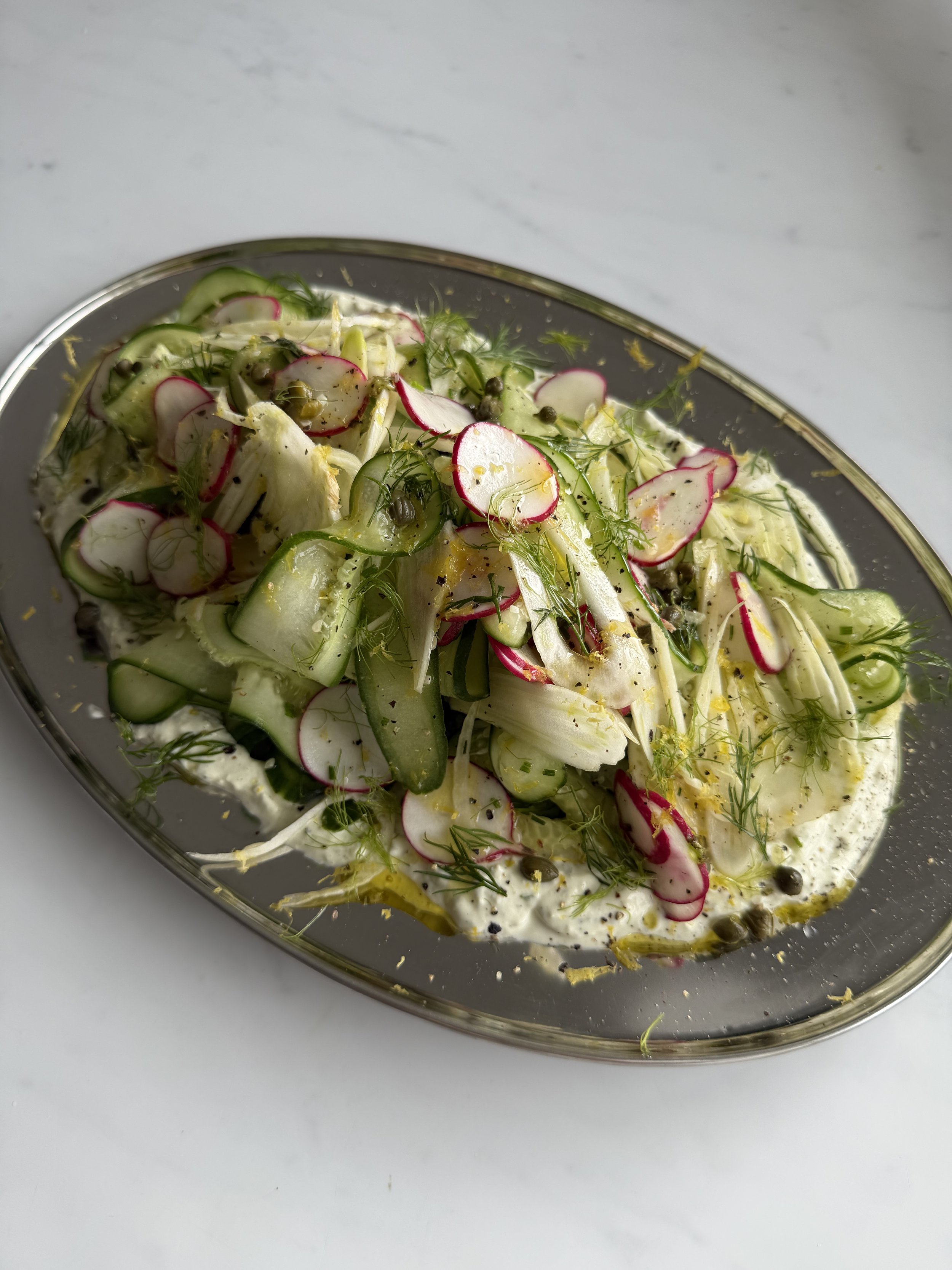 ribboned cucumber, fennel &amp; radish on herby feta