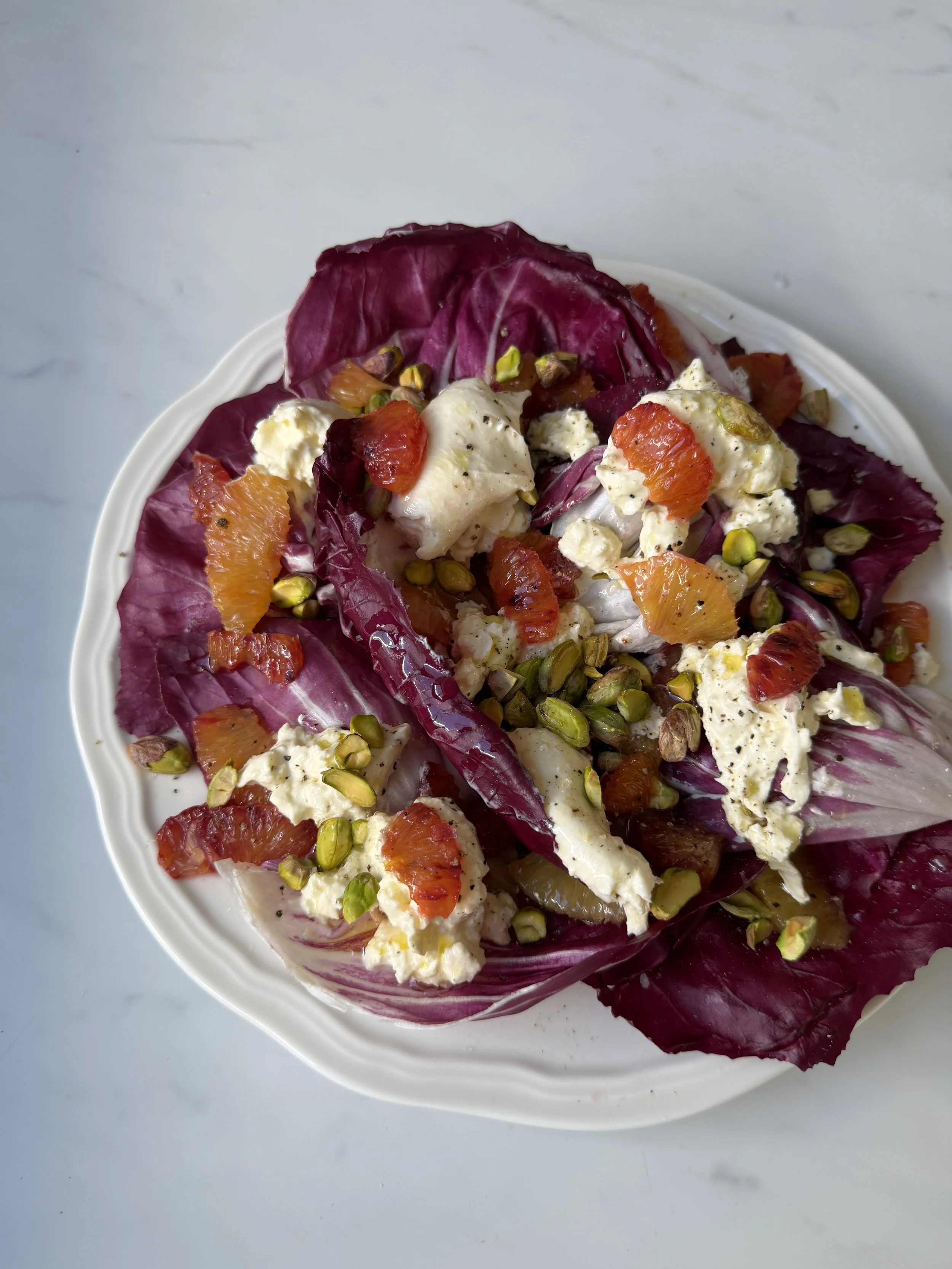 radicchio, blood orange, burrata and pistachio salad