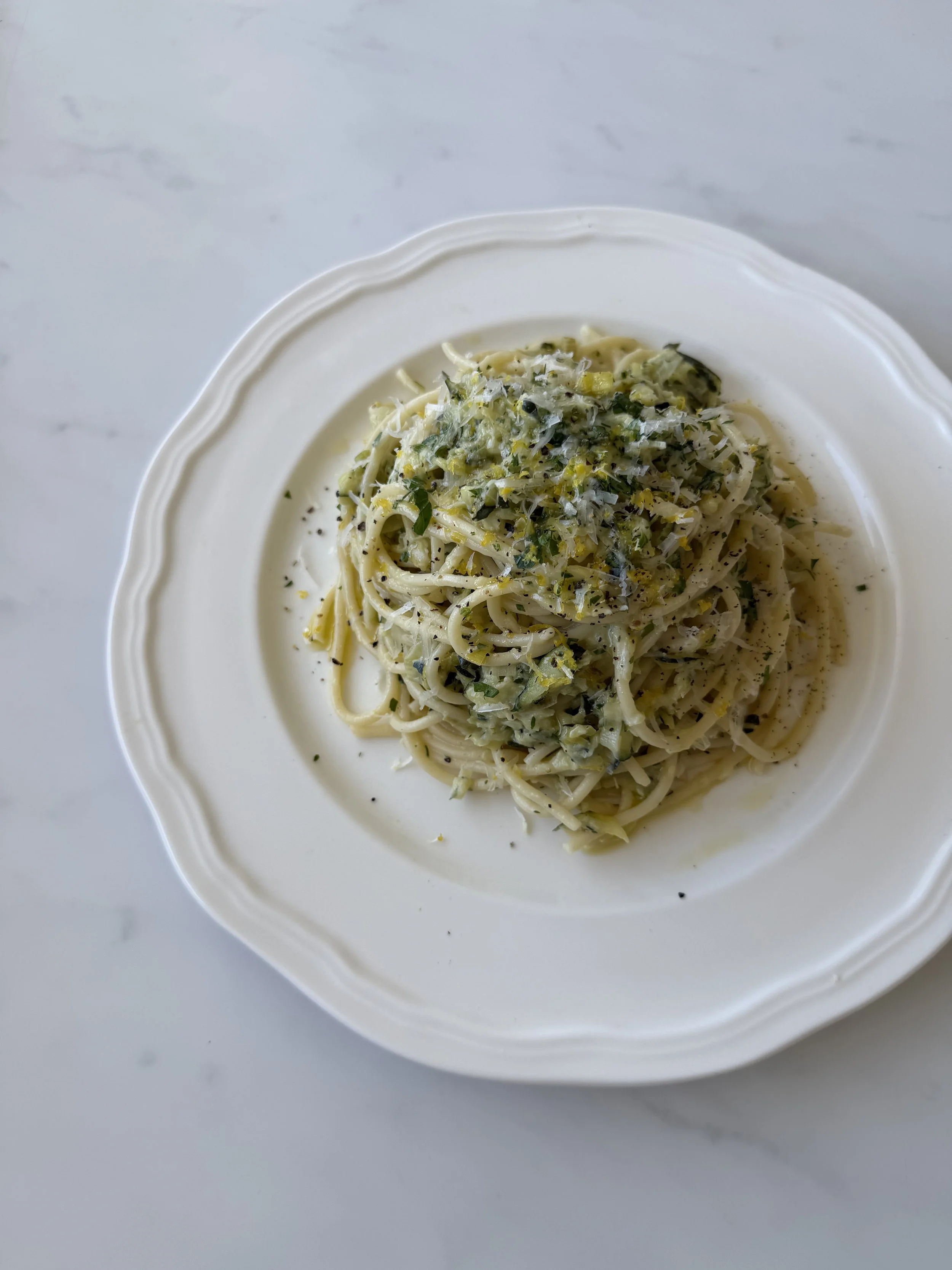 zucchini, leek and goat’s cheese spaghetti