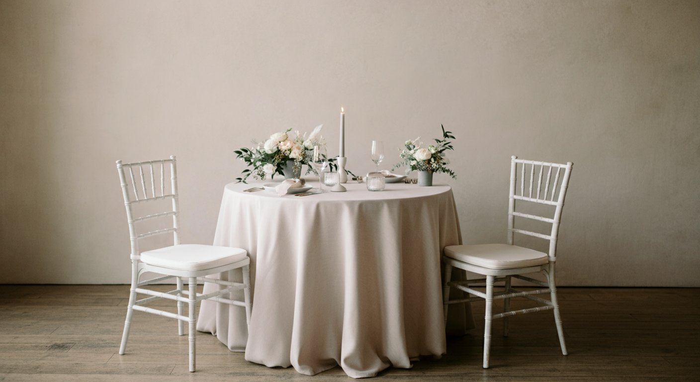 A round dining table with a champagne-colored tablecloth, floral centerpieces, a tall candle, wine glasses, and place settings, flanked by two white wooden chairs with cushions, set against a plain wall.