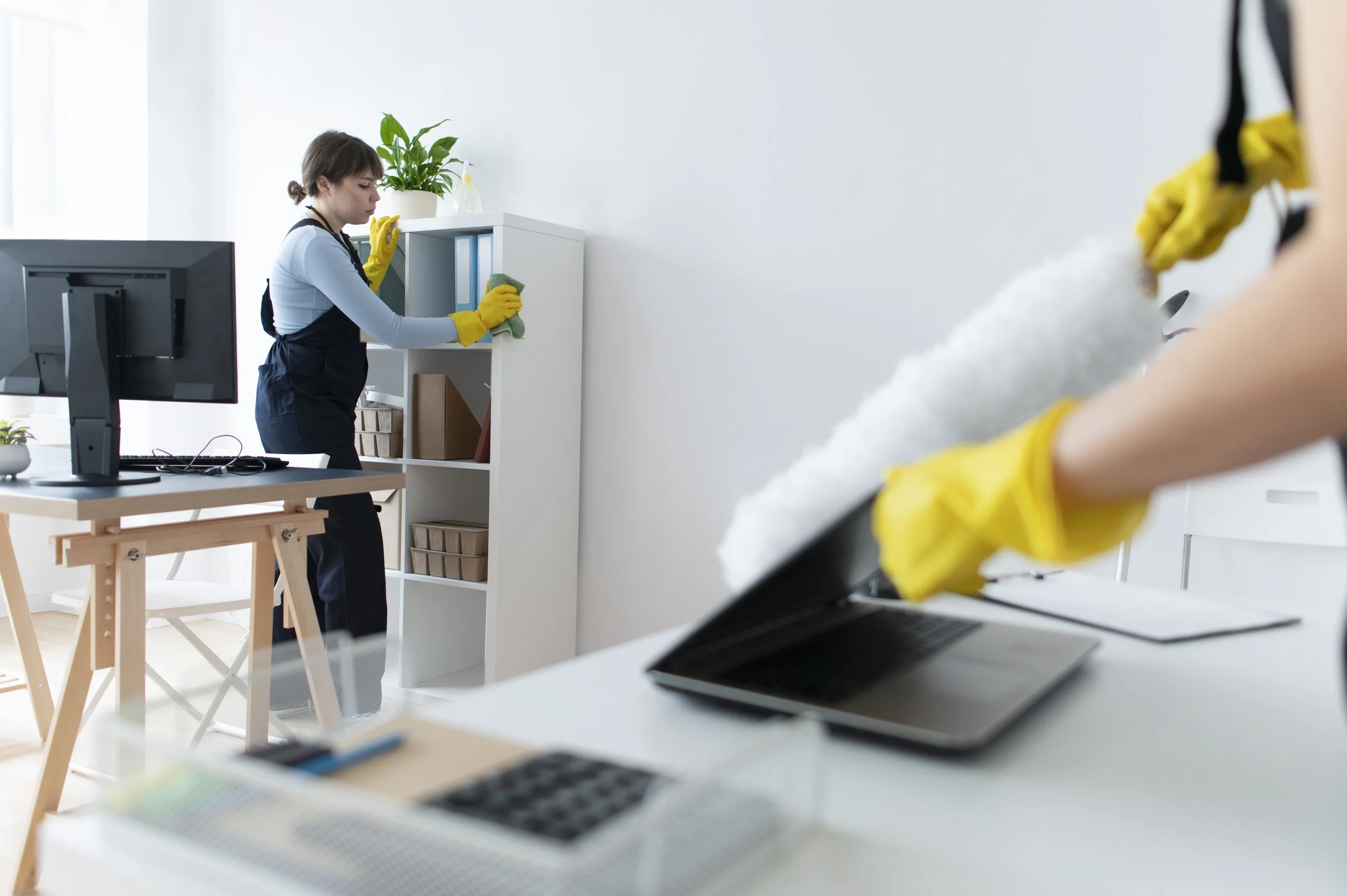 Two women cleaning a white bookshelf in an office, wearing yellow cleaning gloves and using cleaning supplies.