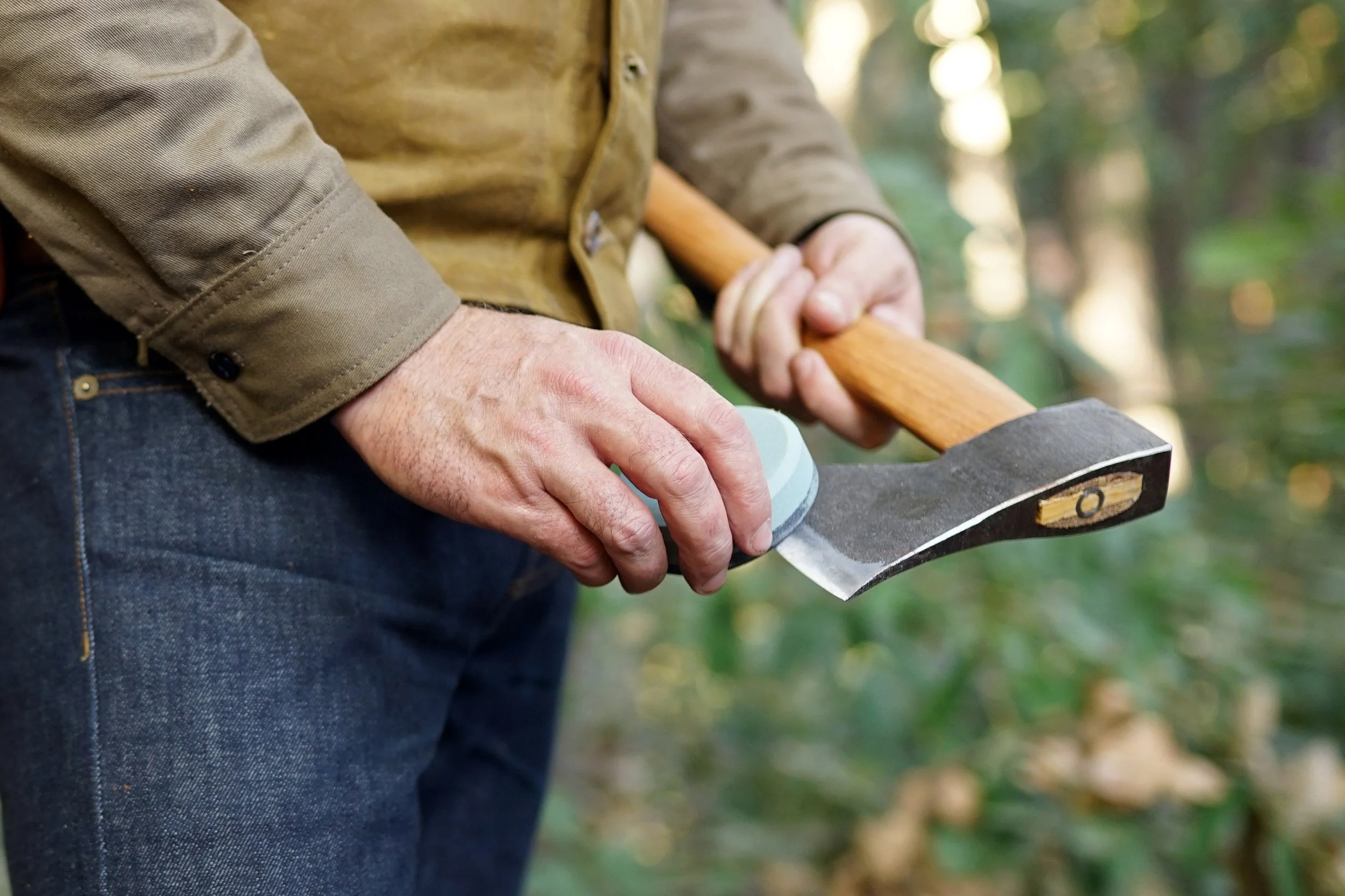 Close-up of Helko axe blade edge showing bevel and finish detail