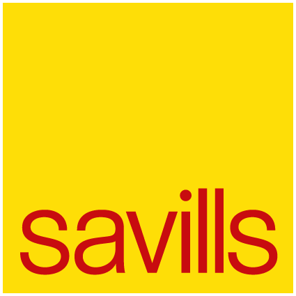 Yellow background with the word 'savills' in large red lowercase letters at the bottom.