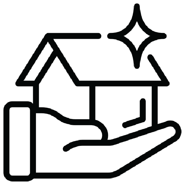 A hand holding a house with a shining star above it, symbolising home or real estate.