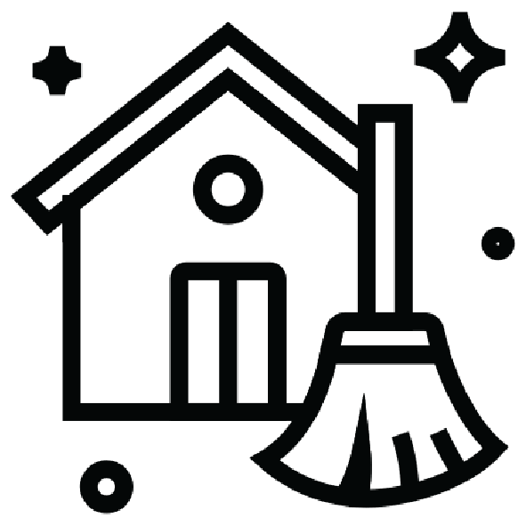 A house with a chimney and a broom in front of it.