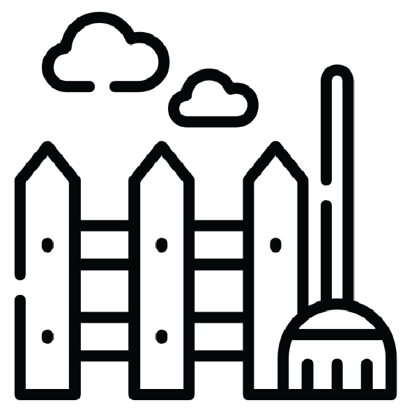 Outline drawing of a wooden fence, a garden rake, and clouds in the sky.