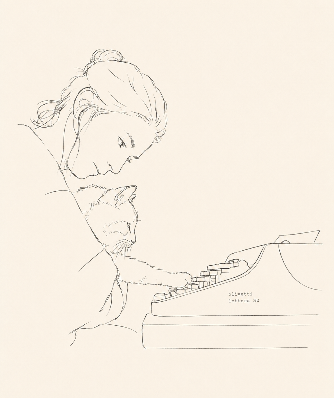 A person and a cat leaning towards a typewriter