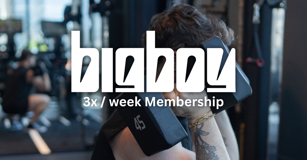 Person lifting a dumbbell at the gym with a logo and text overlaid promoting a workout membership.