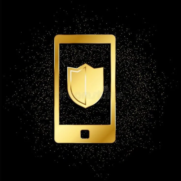 A gold smartphone with a shield icon on its screen, surrounded by a starry black background.