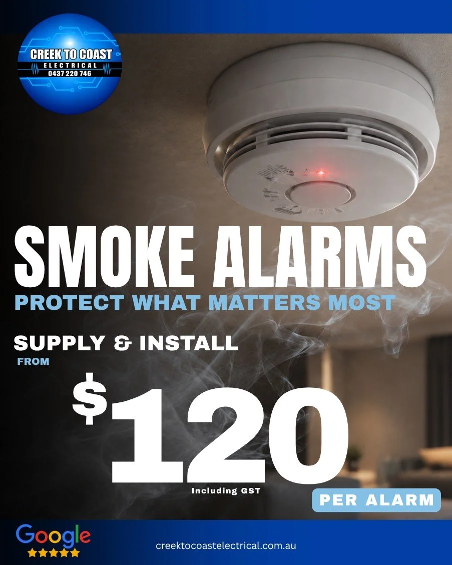 Protect what matters most, starting with your first line of defence against fire. 
Reliable, professionally installed smoke alarms from only $120 per alarm by your Sunshine Coast locals, Creek to Coast Electrical. ⚡️